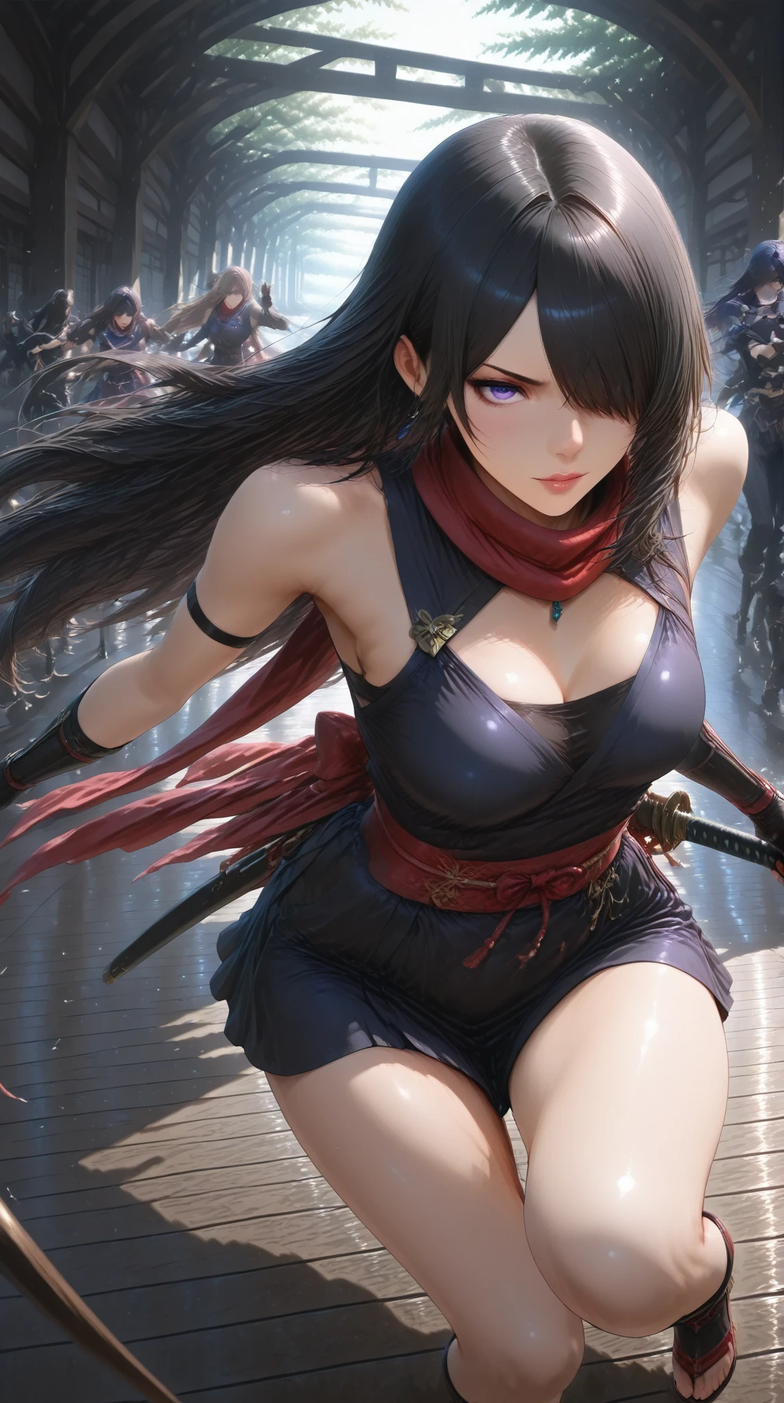 (masutepiece:1.5)、(top-quality:1.5)、(16k wallpaper:1.2)、(Photorealsitic:1.2)、(ultra-detailliert:1.2)、(超A high resolution:1.2)、(Ultra-detailed and realistic skin:1.2)、Super dense and beautiful eyes、Powerful and beautiful eyeshadow、(odd eye)、Beautiful 16 year old kunoichi、Natural Color Lip、(date a lot of men:1.5)、(woman with tied wings:1.3)、(Black Half Up:1.2)、(destroyed ninja costume:1.4)、(beautiful and luxurious obi:1.2)、(she is wearing a black scarf and mask)、beautiful and long legs、shuriken、kunai、Ninja Sword、(Screaming:1.2)、beautiful battle pose、(Surrounded by a lot of guys:1.3)、castle town、