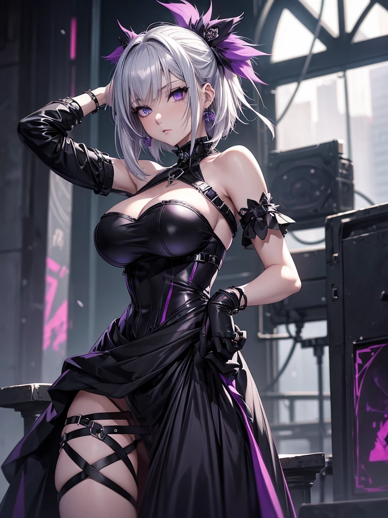 (Absurd Resolution:1.2), (ultra detailed:1.2), (masterpiece:1.2), (Photorealistic), (top-quality), BREAK (cute 1girl), (ager), (finely detailed beautiful face:1.2), (ultra-fine-Purple-cute-eyes:1.2), (Expression ultra detailed Glitter Pupil), (ultra detailed Expression eyelashes), BREAK (ultra-detailed-bob-cut-white-hair, parted bangs), (beautiful Glossy lips), (Barrette Ribbon), BREAK (slim body and gigantic breasts:1.3), narrow waist, leggy, curvy is body without muscles, BREAK (glossy realistic pale skin texture:1.2), (4 defined fingers), (1 defined thumb), Beautiful Smile, BREAK ultra detailed black corset dress, skirt, Garter stockings, opera gloves, BREAK Seductive pose, (Crisp focus:1.2), (full body shot, anime-key-visual), professional lighting, BREAK (I have a red apple in my hand), A forest of overwhelming natural beauty with detailed depictions of plants,