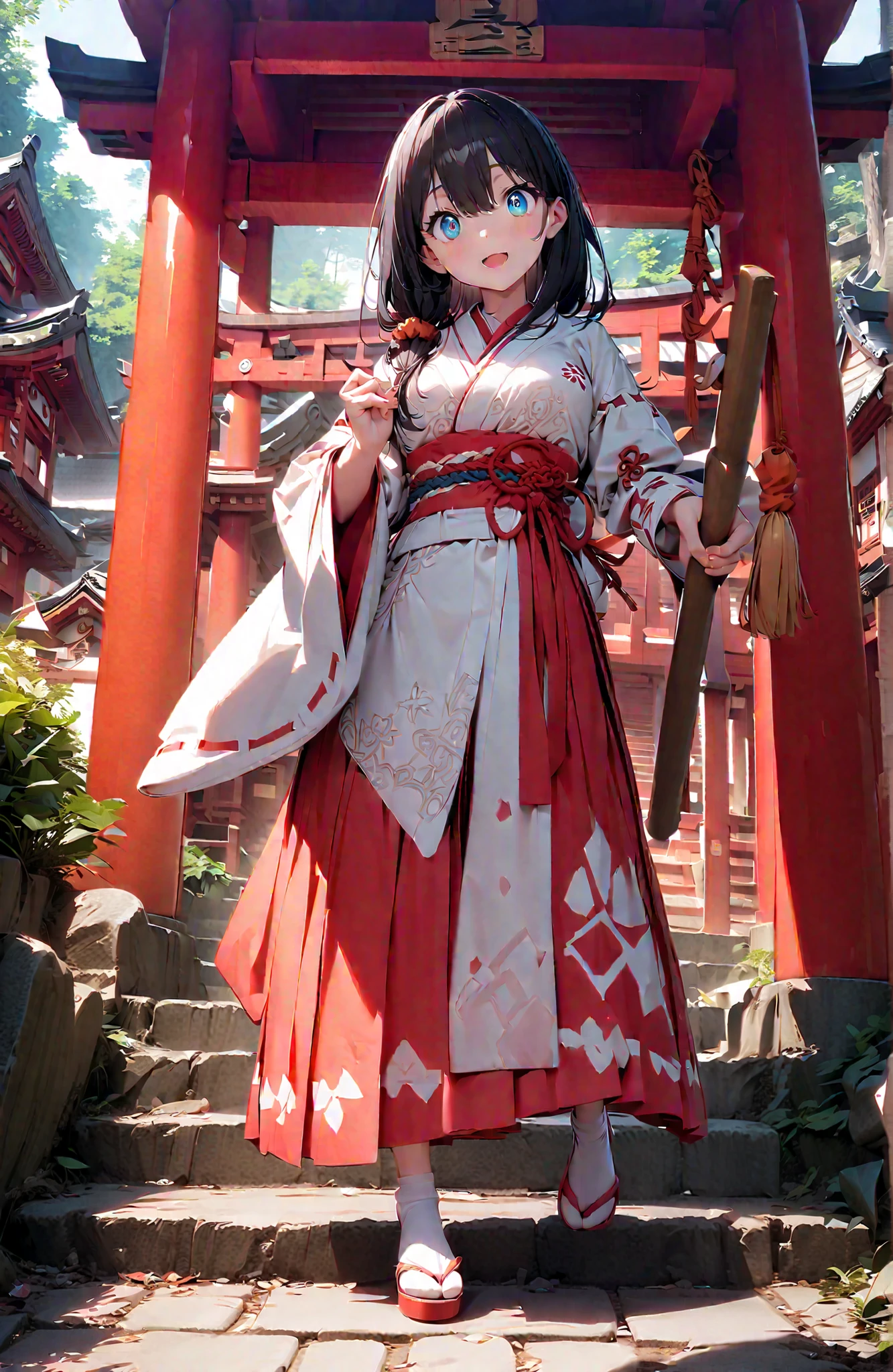 score_9, score_8_up, score_7_up, source_anime, It's because of Rikkata, black hair with a young pattern, blue eyes, long hair, orange scrunch, scrunchie, Wrist Scrunches , smile,cover,Open Your Mouth,Orange wrist scrunch, Shrine maiden, kimono, object, Red Hakama Skirt , Wide Sleeves, long sleeve, ribbon trim sleeve,Sandals, white socks,holding a broom grip with both hands,cleaning, standing on a stone staircase,noon,full bodyがillustrationsに入るように,break outdoors, shrine,
break looking at viewer,full body,
break (masterpiece:1.2), Best Quality, high resolution, Unity 8k 壁紙, (illustrations:0.8), (beautiful detailed eyes:1.6), very detailed face, so that it fits into the illustration, Extremely Detailed CG, (perfect hand, perfect anatomy),