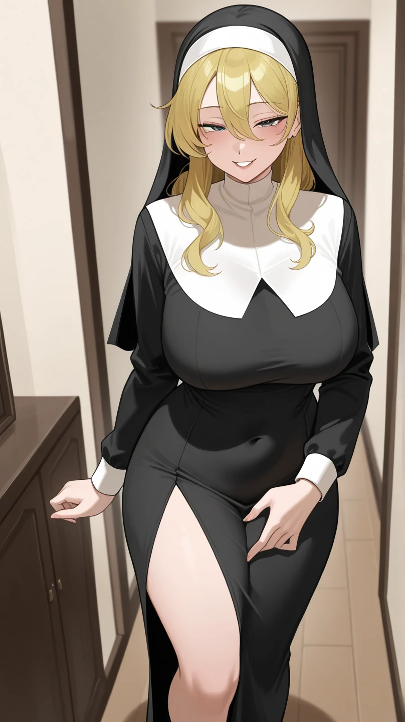 sexy nun, leg slit, full body shot, cleavage, blonde, blonde pubic hair