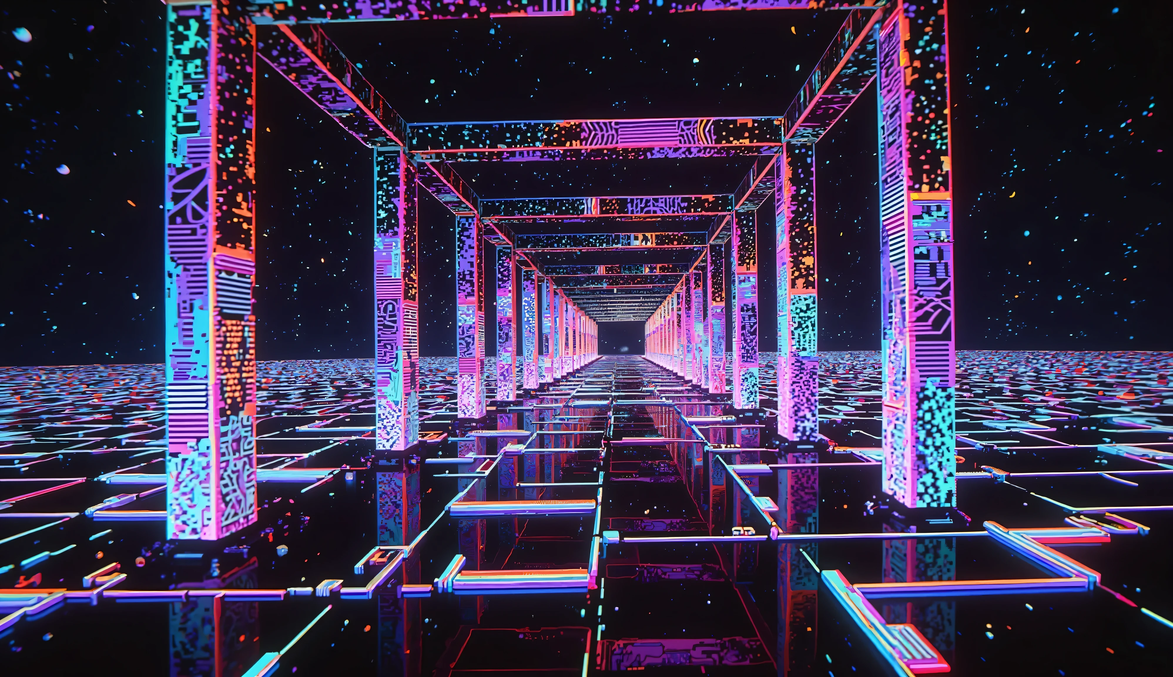 Endless corridors, "a corridors that vanishes into the distance", RGB Color Shift, chromatic aberration, RGB Shift, Video Glitch Photo Effect, Color Noise Texture, Video-like noise processing.
holographic, vhs glitch, rainbow highlights,
Glitch art background, in style, dreams like. ascii art, Surreal, Romantic Retro Pop Background, vaporwave style.