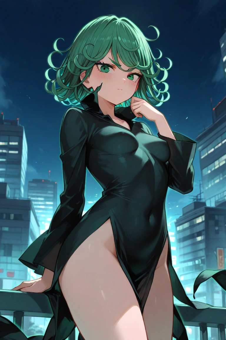 ((1girl)),((alone)), tatsumaki,(masterpiece), (best quality), (ultra detailed), (best illustration), (best shadow), (absurdities), sharp focus, cowboy shot, dynamic posture to the viewer, small breasts, narrow waist, wide hips, horrible thighs, round butt, naked, erotic, romantic, (very detailed eyes, lips 1.1), very detailed eyes, eyes, Very detailed face, Very beautiful face, height full, beautiful slim figure, femininity, expressive appearance, elastic small breasts, increased sexuality, green eyes, green hair, arms crossed, black dress, long sleeves, bare legs, clouds, defined body, perfect and beautiful body, perfect and beautiful, White micropanties inserted in the crotch. closed mouth, serious expression, angry, (sexy pose: 1.2), ((solo)), standing: 1.3, outside, futuristic cityscape, rainy city, streets, city lights, night, neon lights, looking away behind, from behind ((focus on the ass:1.4), point of view (from above), perfect anatomy, perfect hands,
