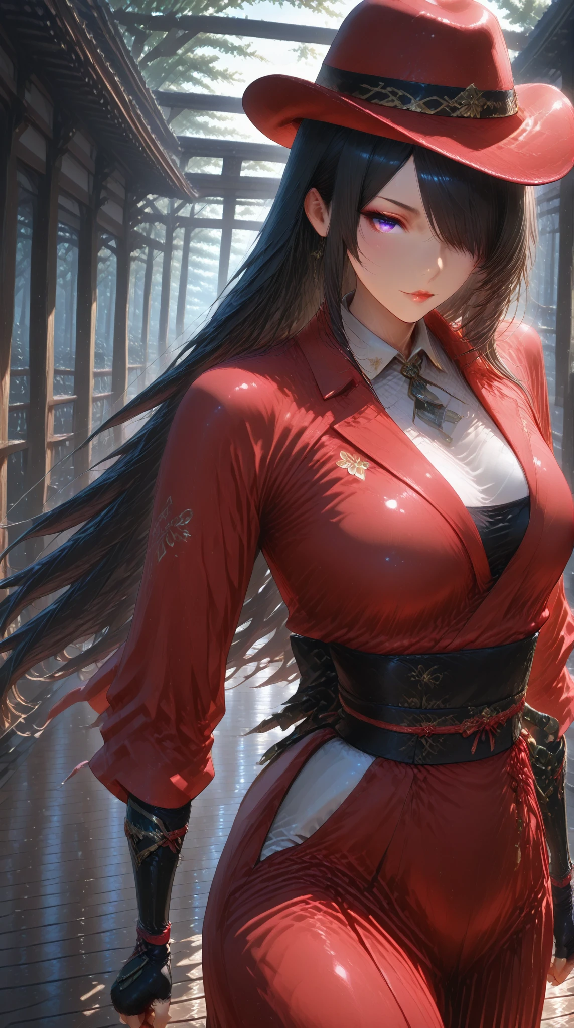 Highest quality, Ultra-high resolution, (Realistic: 1.4), Super beautiful, beautiful, Warrior, Japanese Dance、Eyes that beckon, Mistress's point of view, Attractive look, Sexy smile, Perfect Style, Perfect balance, Detailed skin full body shot, Mischievous Gaze, (Black Hair、ponytail:1.4), Droopy eyes