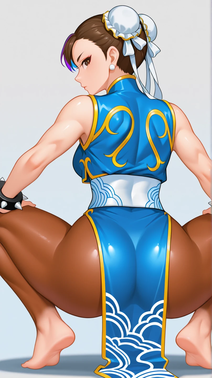 CHUN-LI, brown eyes, double bun, yellow ribbon, blue bodysuit, crop top, sleeveless, ((gigantic ass)), thick thighs, from behind, ((gigantic breasts)), underboobs, sideboobs, ((perky big puffy nipples)), ((long erected nipples)), big cameltoe, pouted lips, squinting eyes, embarrassed