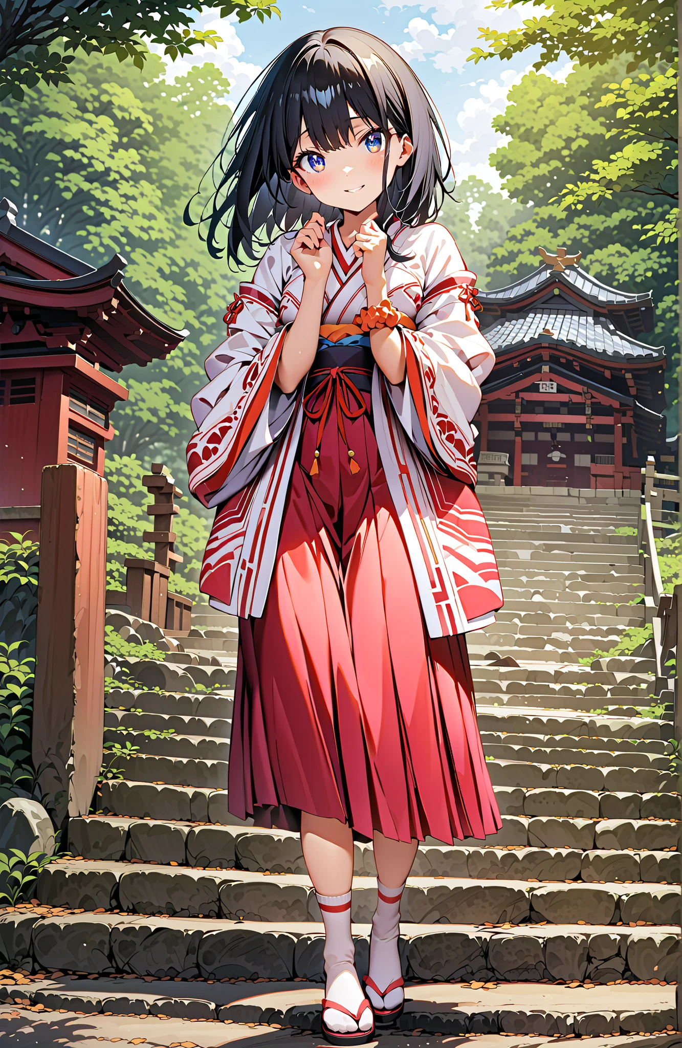 score_9, score_8_up, score_7_up, source_anime, It's because of Rikkata, black hair with a young pattern, blue eyes, MEDIUM HAIR, orange scrunch, scrunchie, Wrist Scrunches , smile,cover,Open Your Mouth,Orange wrist scrunch, Shrine maiden, kimono, object, Red Hakama Skirt , Wide Sleeves, long sleeve, ribbon trim sleeve,Sandals, white socks, standing on a stone staircase,noon,full bodyがillustrationsに入るように,break outdoors, shrine,
break looking at viewer,full body,
break (masterpiece:1.2), Best Quality, high resolution, Unity 8k 壁紙, (illustrations:0.8), (beautiful detailed eyes:1.6), very detailed face, so that it fits into the illustration, Extremely Detailed CG, (perfect hand, perfect anatomy),