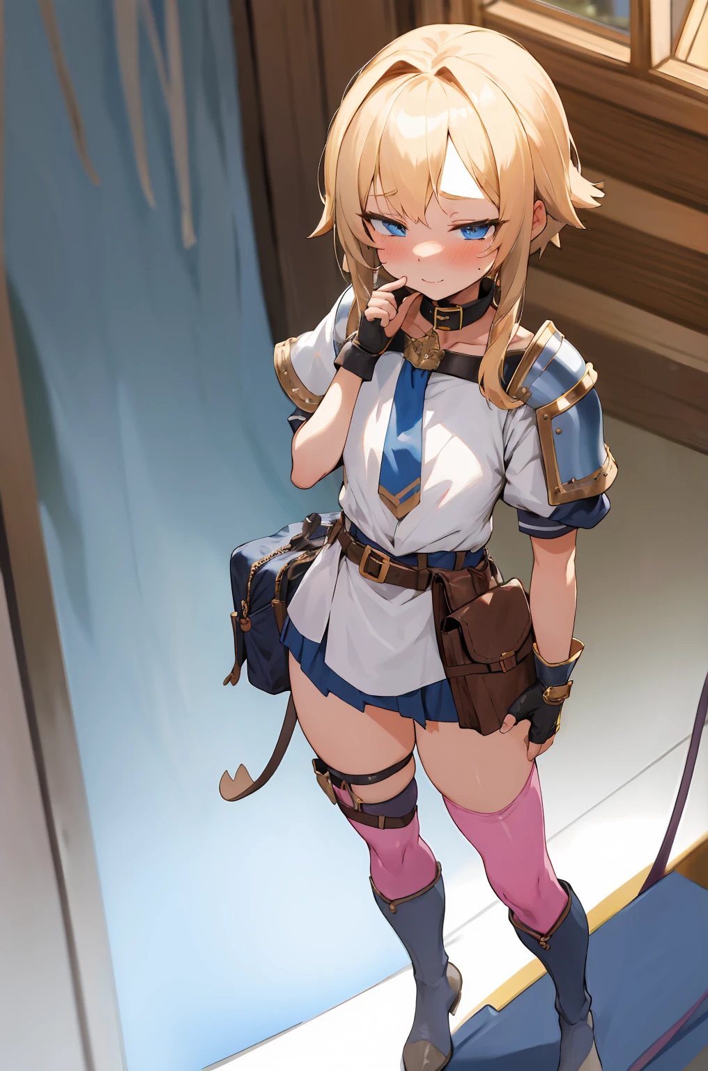(masterpiece, Highest quality:1.2), alone, One Girl, Gas Bridget, smile, View your audience, Put your hands in your pockets, Hooded jacket, Long sleeve, Black gloves, Fingerless gloves, skirt, (Shaving:1.2) 