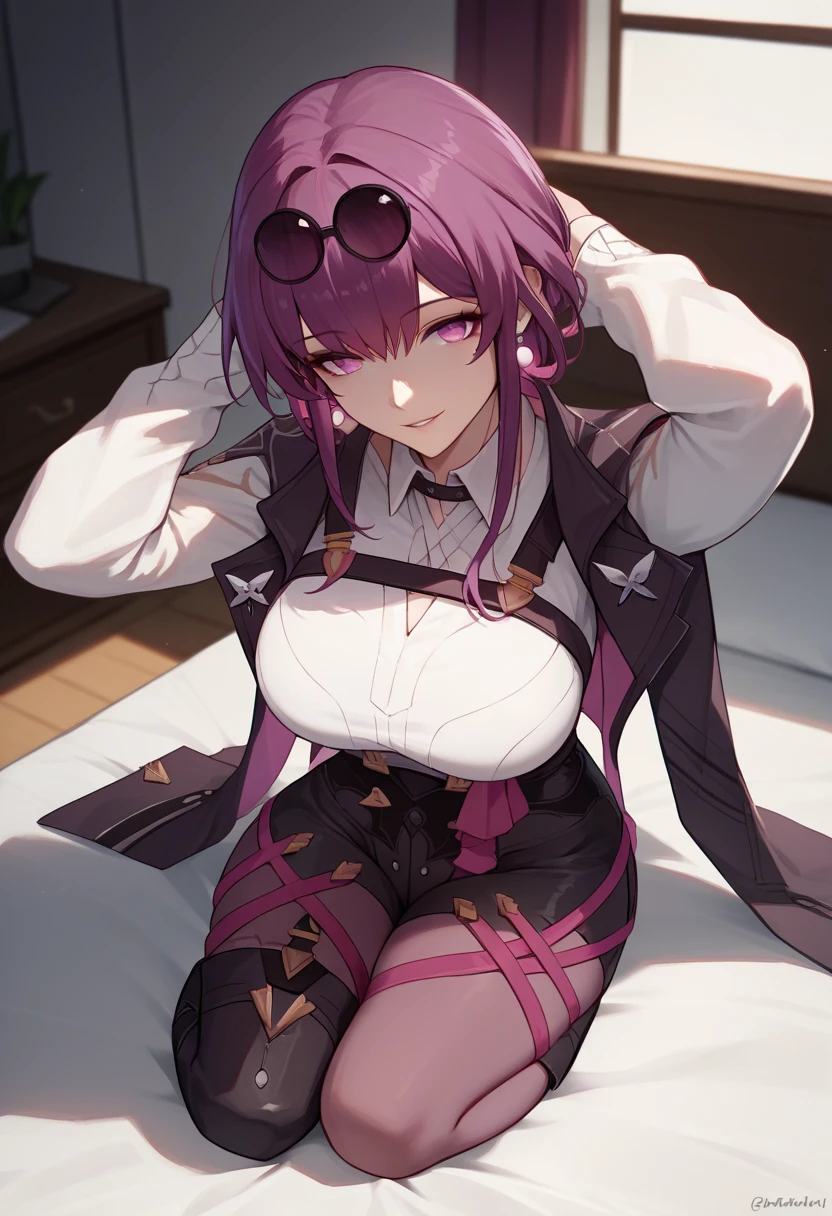 (Masterpiece, Best quality),8K quality, 1girll, 独奏, KafkaHKS, Playful expression!eyewear on head, gradient backgrounds, hair between eye,Long sleeves, Purple gloves, White shirt, Purple pantyhose, Black boots, Purple cobwebs, Black silk thighs, (sunglasses on head:1.5), long whitr hair, looking at viewert, (Burgundy hair:1.3), Short purple nails, Scarlet eyes,Thighs, Thighs,upper legs,long whitr hair,Wine,wineglass,((tmasterpiece))Pleated purple skirt,Sat down,Absolute realm,mistic,magical