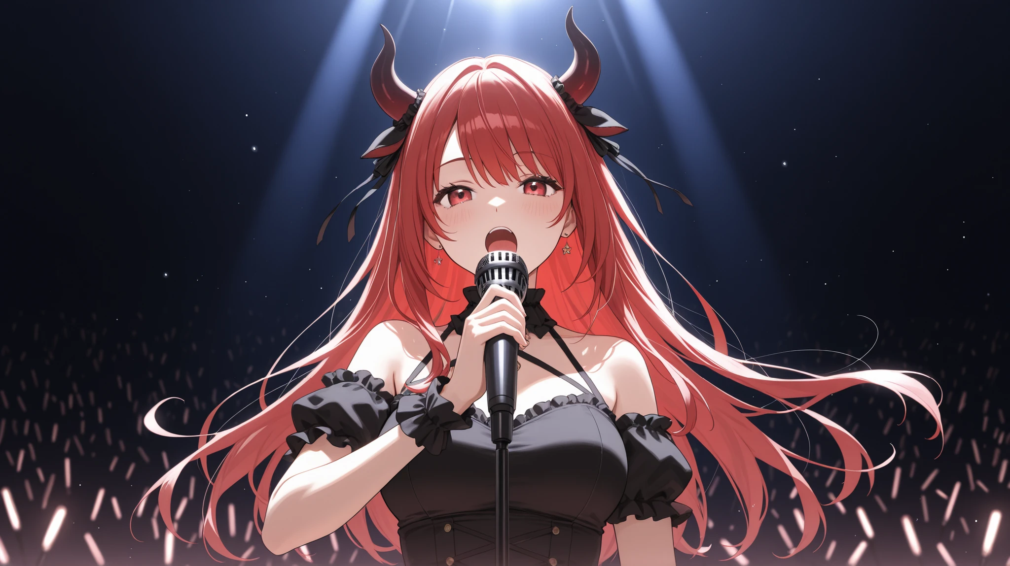 (masterpiece, top quality, best quality, official art, beautiful and aesthetic:1.2), (1girl:1.3), extremely detailed,(fractal art:1.2), detailed face, highest detailed, parted lips,wallpaper, red hair, gold eyes, horn,singing karaoke, singing, open mouth, cowboy shot, spotlight lightning, mic stands, stage, stage vibes, concert, (mad, angry expression, angry face)