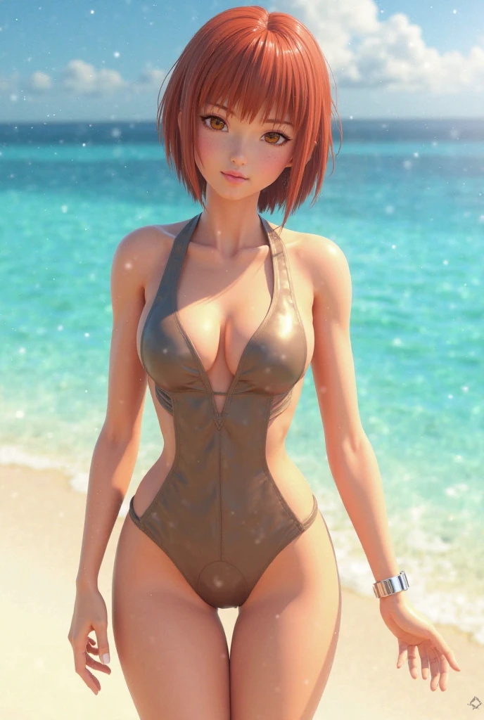 CarrotChan, short hair, orange hair, has bunny ears, both hands holding the hair at the back of the head, showing armpits, beautiful, beautiful woman, perfect body, perfect breasts, wearing a beach bikini, light purple bikini, expensive bikini, on the beach, the beach beautiful, very beautiful, coconut tree, looking at the viewer, a slight smile, realism, masterpiece, textured skin, super detail, high detail, high quality, best quality, 1080p, 16k