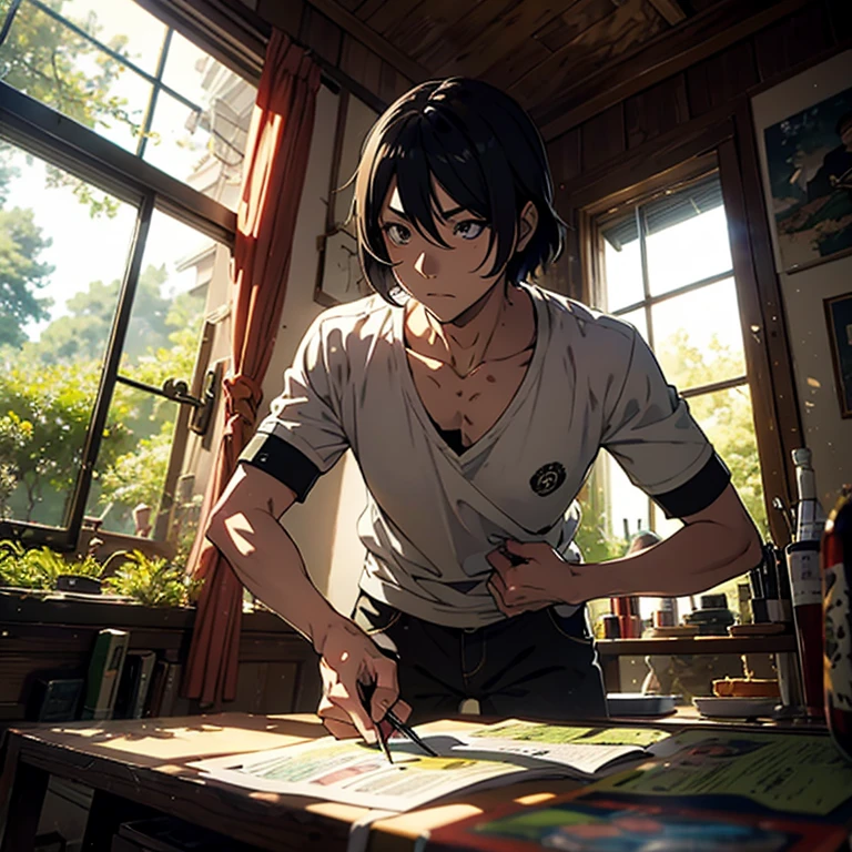 The protagonist is a boy, a boy standing in the living room of the villa, boy, male classmate, family background, bookcase, this male classmate is wearing a white T-shirt, short black hair, the male classmate looks at the camera, the lens is mainly characterized by the upper body, in the Loepfe art style ((Xinhai City), popular in CGStation, Shinkaicheng H 2160, inspired by Bian Shoumin, Xinhaicheng, Kavassi, Guwitz style, high quality pictures, 4K, 8K, resolution,