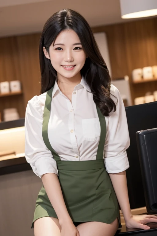(highest quality),(8K),(masterpiece),(high resolution),(Photorealistic),(Mature women in their 40s),(Three Women:1.2),The background is a cafe,(Huge breasts),Short Hair,Full Body Shot,(A waitress uniform that emphasizes the shape of her breasts),smile,Slender,Beauty,Narrow waist,Short skirt,Thin and beautiful legs