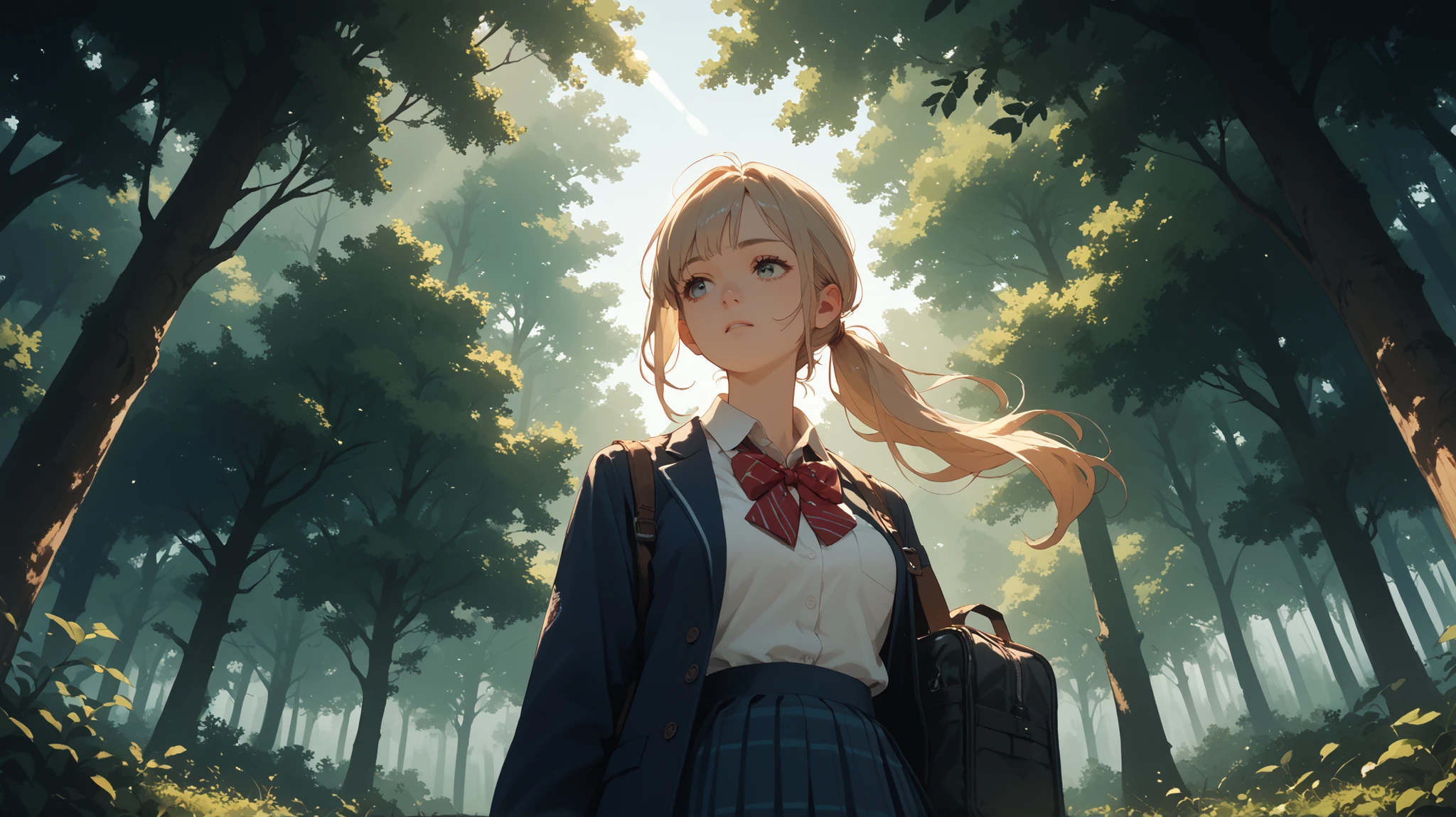 A girl with a ponytail, wearing a Japanese high school uniform, standing in a forest. Sunlight filters through the trees, and the sound of a gentle stream can be heard. The scene is viewed from a low angle.