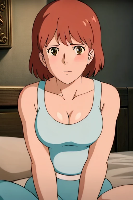 A tall and beautiful mature woman with a confident expression, showing her thighs and shoulders, a chubby body, big breasts, a ball head, wearing a bare apron, a human wife, in a kitchen, kneeling on the ground.