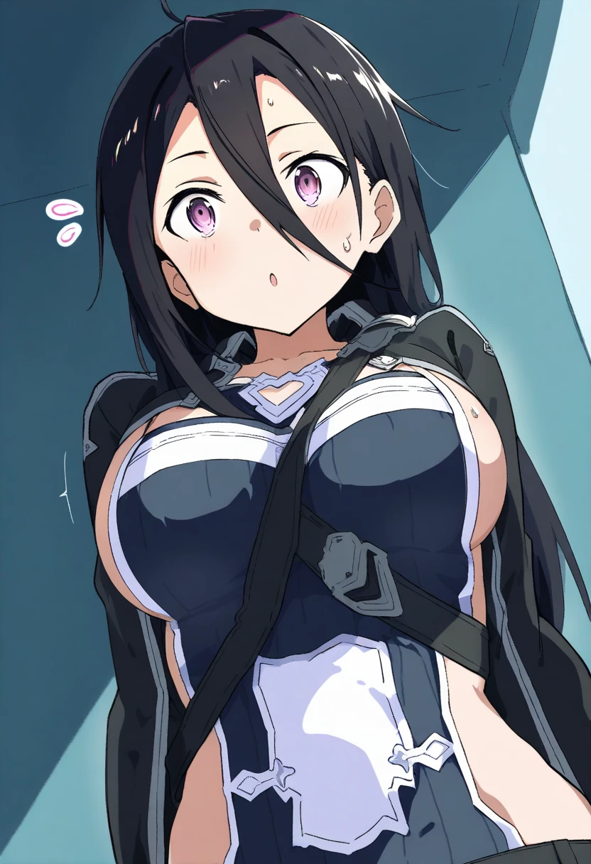 masterpiece, best quality, anime screeshot, a close photo, 1 girl, solo, standing, long hair, black hair, violet eyes,ponytail, Red hair ribbon, , big breasts, huge breasts, looking_at_viewer, expressionless, upper_body, dark skin, ((sweater stretched by breasts: 1.2)), ((dark skin: 1.5)), , ((parted bangs: 1.4)), ((massive forehead: 1.2)), black hair