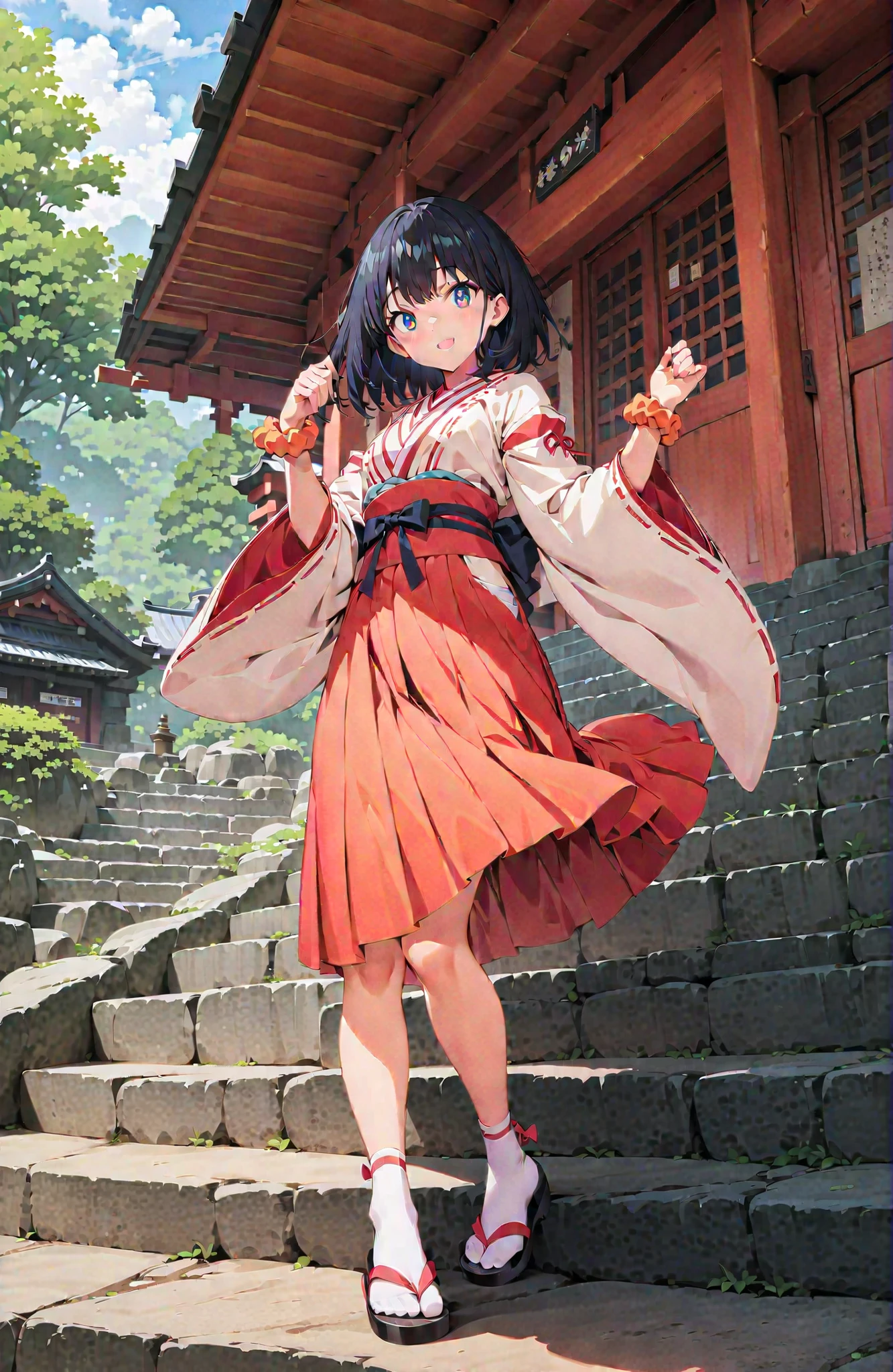 score_9, score_8_up, score_7_up, source_anime, It's because of Rikkata, black hair with a young pattern, blue eyes, MEDIUM HAIR, orange scrunch, scrunchie, Wrist Scrunches , smile,cover,Open Your Mouth,Orange wrist scrunch, Shrine maiden, kimono, object, Red Hakama Skirt , Wide Sleeves, long sleeve, ribbon trim sleeve,Sandals, white socks, standing on a stone staircase,noon,full bodyがillustrationsに入るように,break outdoors, shrine,
break looking at viewer,full body,
break (masterpiece:1.2), Best Quality, high resolution, Unity 8k 壁紙, (illustrations:0.8), (beautiful detailed eyes:1.6), very detailed face, so that it fits into the illustration, Extremely Detailed CG, (perfect hand, perfect anatomy),