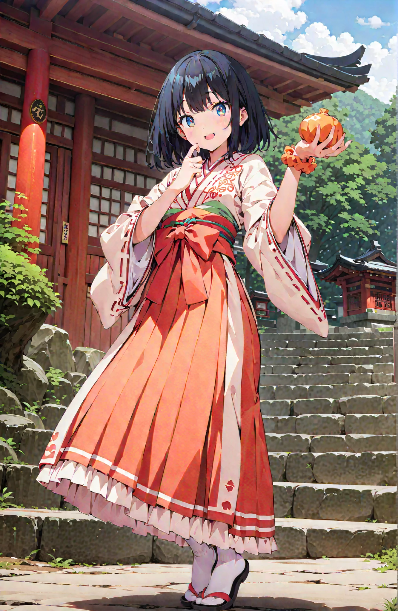 score_9, score_8_up, score_7_up, source_anime, It's because of Rikkata, black hair with a young pattern, blue eyes, MEDIUM HAIR, orange scrunch, scrunchie, Wrist Scrunches , smile,cover,Open Your Mouth,Orange wrist scrunch, Shrine maiden, kimono, object, Red Hakama Skirt , Wide Sleeves, long sleeve, ribbon trim sleeve,Sandals, white socks, standing on a stone staircase,noon,full bodyがillustrationsに入るように,break outdoors, shrine,
break looking at viewer,full body,
break (masterpiece:1.2), Best Quality, high resolution, Unity 8k 壁紙, (illustrations:0.8), (beautiful detailed eyes:1.6), very detailed face, so that it fits into the illustration, Extremely Detailed CG, (perfect hand, perfect anatomy),
