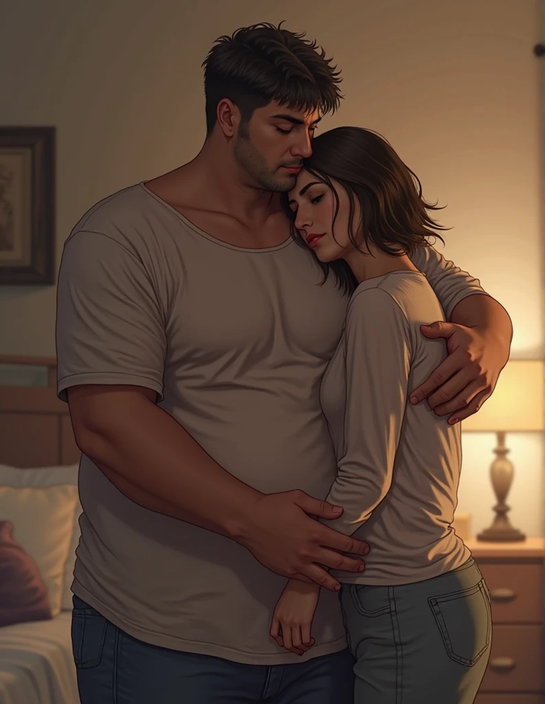 A petit, delicate woman with medium black hair, being held by a tall and muscular man, with no beard. In a kitchen. Pregnant
