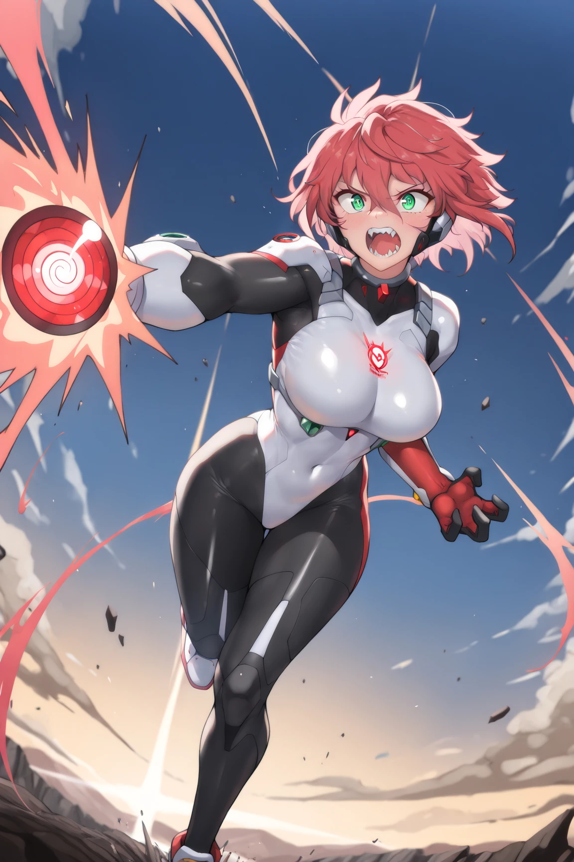 Close-up,highest quality, ultra detail, High quality CG drawing, The most delicate and beautiful, Floating gently, High resolution, (1 girl), (Highest image quality,4K,8K,masterpiece:1.2),(all red hair:1.5),(short bob:1.5),bangs bangs,(red eyes:1.5), (ultra girl :1.0), (All red Ultraman bodysuit:1.4),slightly bigger breasts,red gloves,(Turn your back to your audience:1.3),butt