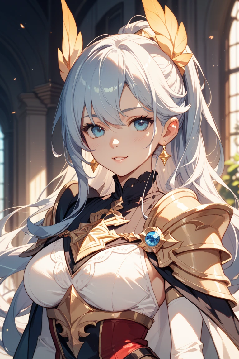1girl in,Bust Up Shot, Blue eyes, slanted eye , Big eyes:1.3, Silver hair, Long hair, Wavy Hair, Forehead, Large breasts, golden armour, armor dress, diadems, in a castle,