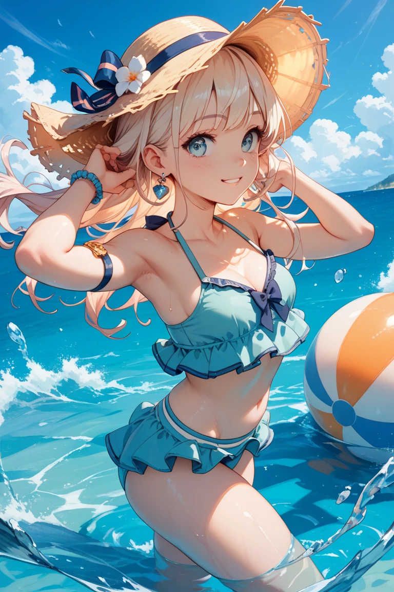best quality, masterpiece, highres, solo, {abigail_williams_fgo:1.15}, long_hair, bangs, parted_bangs, blonde_hair, bow, blue_eyes, orange_bow, black_bow, forehead, hair_bow, blush, polka_dot, polka_dot_bow, very_long_hair, breasts, small_breasts, multiple_hair_bows, 1girl, bare_shoulders, double_bun, hair_bun, looking_at_viewer, official_alternate_costume, sidelocks, bikini, black_bikini, closed_mouth, swimsuit, smile, looking_back, water