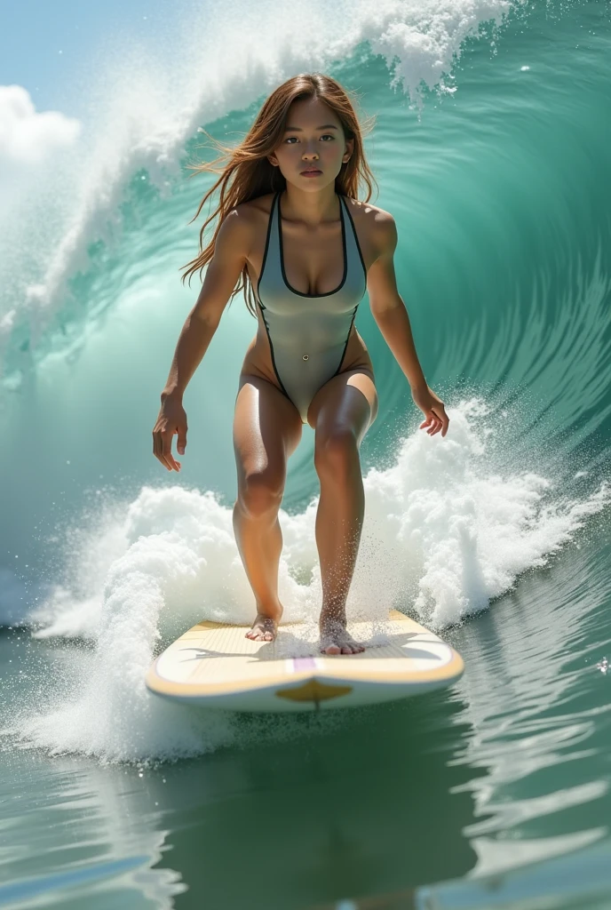 (ZoomedOut:1.28, Wide-shot) (Epic photo of surfer magazine:1.37).(Wetted:1.6)(sparkling highlights:1.28) (extremely detailed KAWAII face), Dynamic Joyful Expressions LifeLike Rendering  (ManoErina:1.0) . Overflowing Gigantic Sideboob (Clearly Visible Beautiful Breast to Buttocks Line) Tiny and RoundlyButt, Detailed wet clothing texture, (Sloppy Surfboard:-1.2) Riding on waves