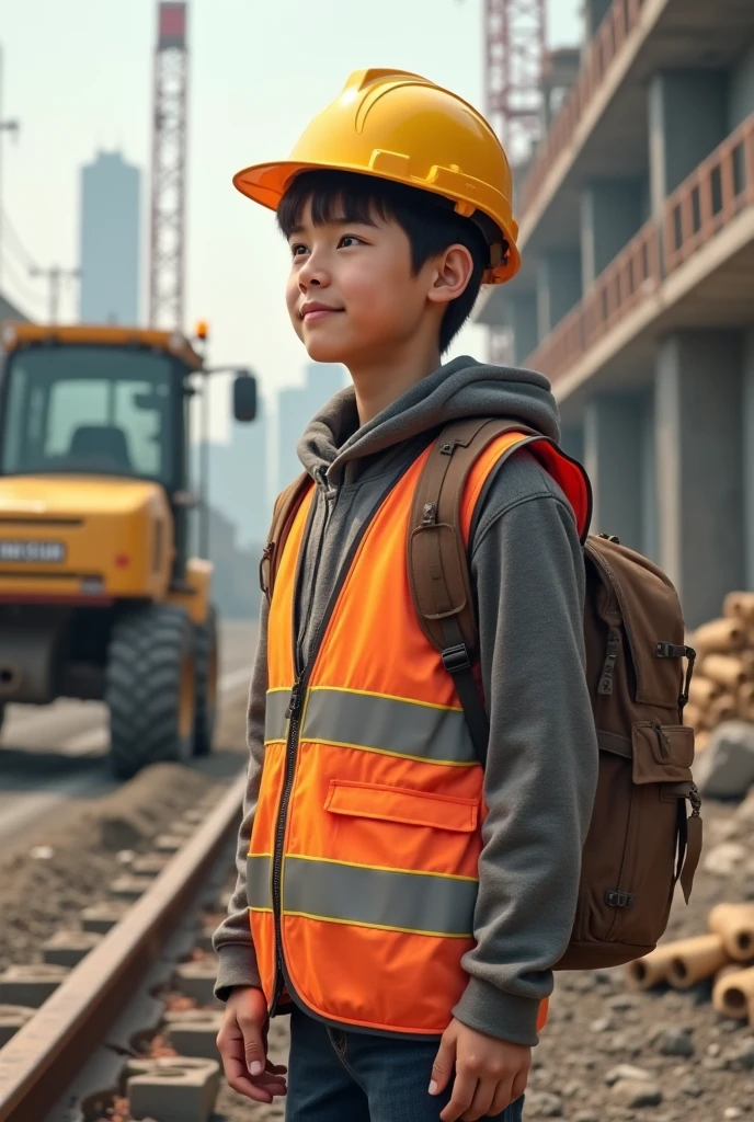Create a cartoon image of a young boy portraying a geodetic engineer at work. The boy should be depicted in a dynamic pose, showcasing his involvement in geodetic surveying tasks. The background should feature typical elements of a surveying environment, such as land surveying equipment, geographic markers, and topographic maps. Ensure the boy is dressed appropriately for the job, wearing attire commonly associated with geodetic engineers, such as a surveyor's vest and pants. The expression on the boy's face should convey determination and focus, reflecting his dedication to the profession.