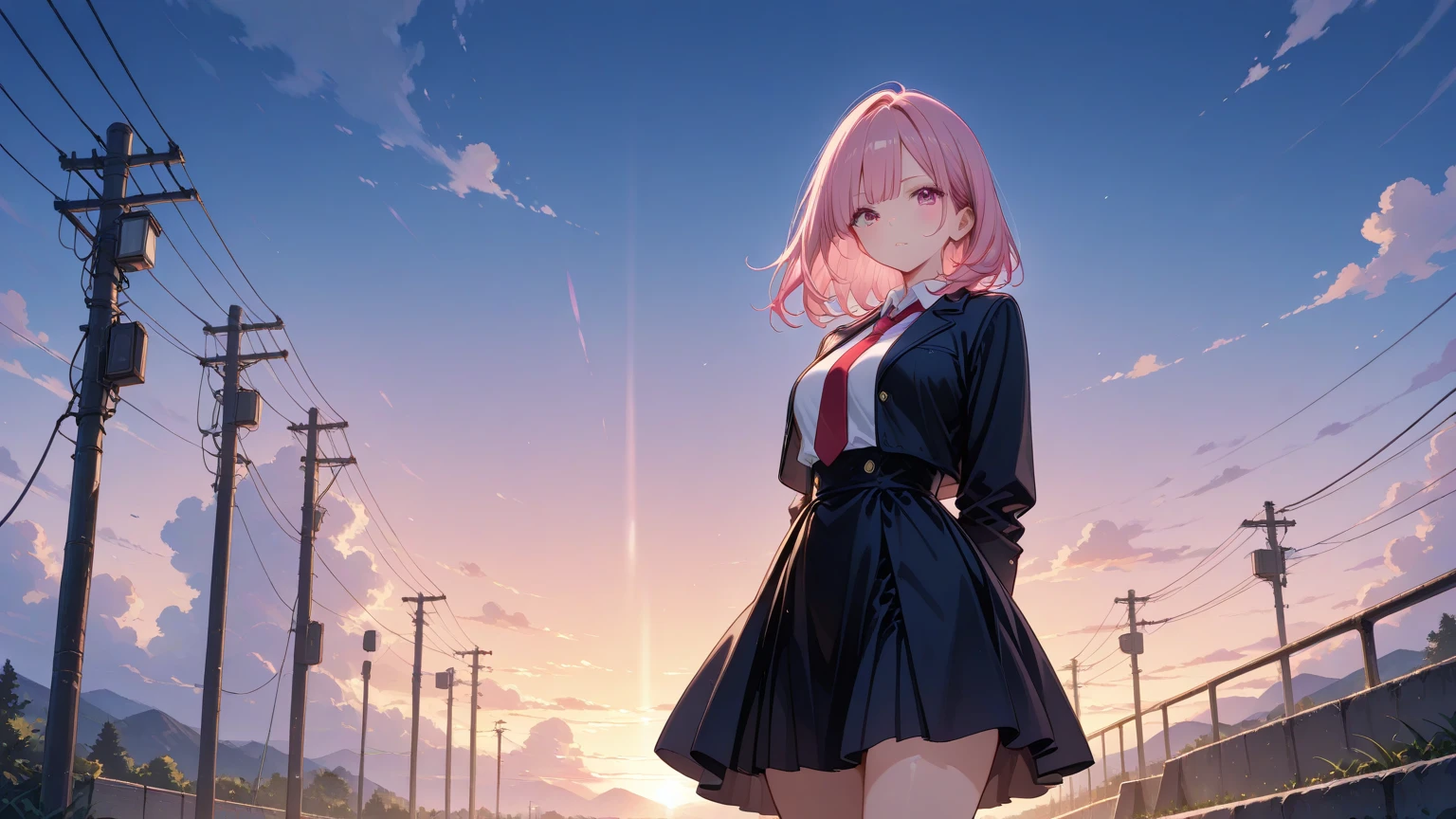 4K picture of a young woman with pink hair, 17 years old, medium breasts, blue eyes, long hair in a braid, tied in a bow on the left...,, wearing a rain-soaked shirt. Short black skirt, wearing earrings, lifting up the skirt to reveal black underwear. With a smiling face.