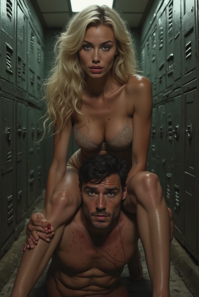 NSFW explicit hyperrealistic maximum quality. , a blonde with green eyes and a very young man with an angry face in an abandoned and dirty warehouse, small drops of a thick fall down her buttocks, showing her perfect back and front rear., rubbing herself puts her hand in her panties, grabs her buttocks firmly, screams and cries, as if it were that of a girl of or less, without clothes, naked