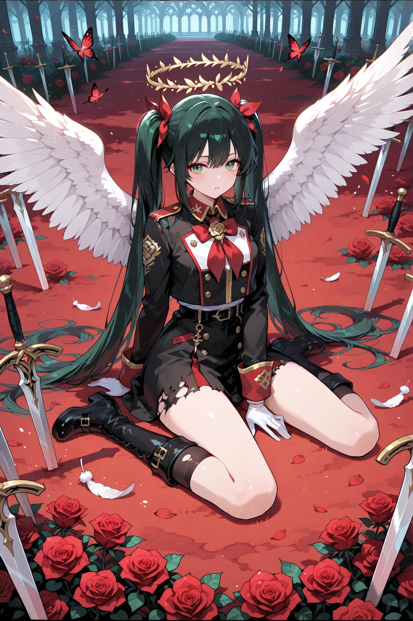 A single girl with long black twin tails adorned with soft red butterfly ribbons, sitting relaxed on the ground of a battlefield, her sword resting casually at her side. She wears a striking red rose-themed military uniform, the fabric detailed with subtle floral patterns. Her green eyes gaze upward as she takes a deep breath, surrounded by scattered red roses that contrast against the dim, moody air of the war-torn scene. Behind her, the Rose Angel emerges—large, ethereal angel wings unfurl majestically, their feathers shimmering faintly with a divine glow. Roses swirl and bloom in the air behind her, cascading down like a floral halo. The background is a simple, stark white, making the character and her angelic rose motif stand out vividly.


