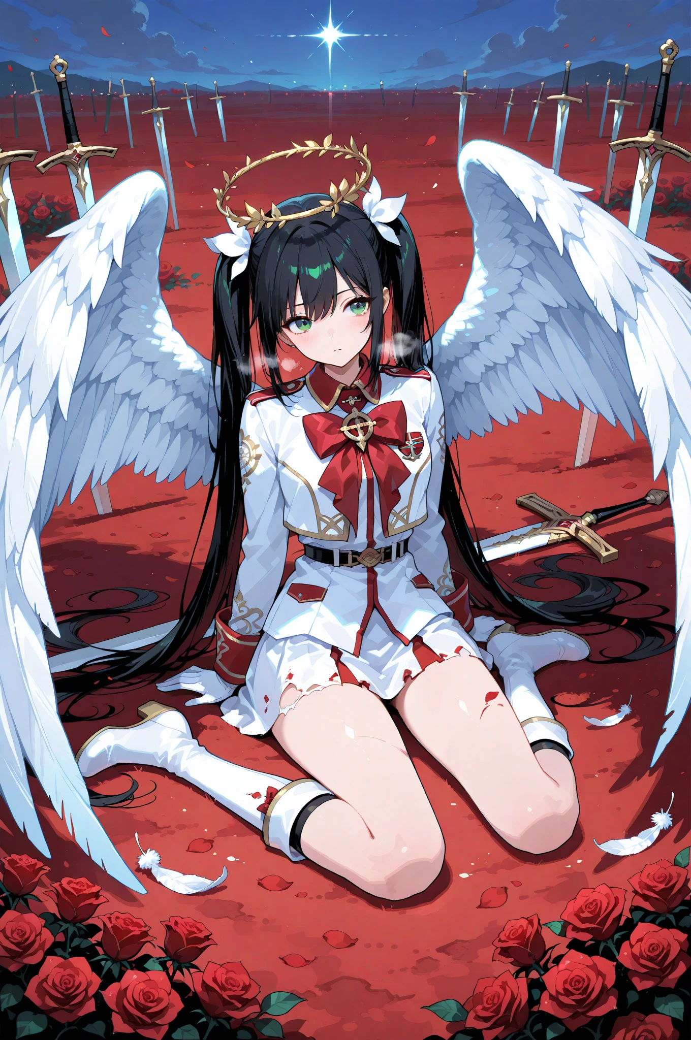 A single girl with long black twin tails adorned with soft red butterfly ribbons, sitting relaxed on the ground of a battlefield, her sword resting casually at her side. She wears a striking red rose-themed military uniform, the fabric detailed with subtle floral patterns. Her green eyes gaze upward as she takes a deep breath, surrounded by scattered red roses that contrast against the dim, moody air of the war-torn scene. Behind her, the Rose Angel emerges—large, ethereal angel wings unfurl majestically, their feathers shimmering faintly with a divine glow. Roses swirl and bloom in the air behind her, cascading down like a floral halo. The background is a simple, stark white, making the character and her angelic rose motif stand out vividly.


