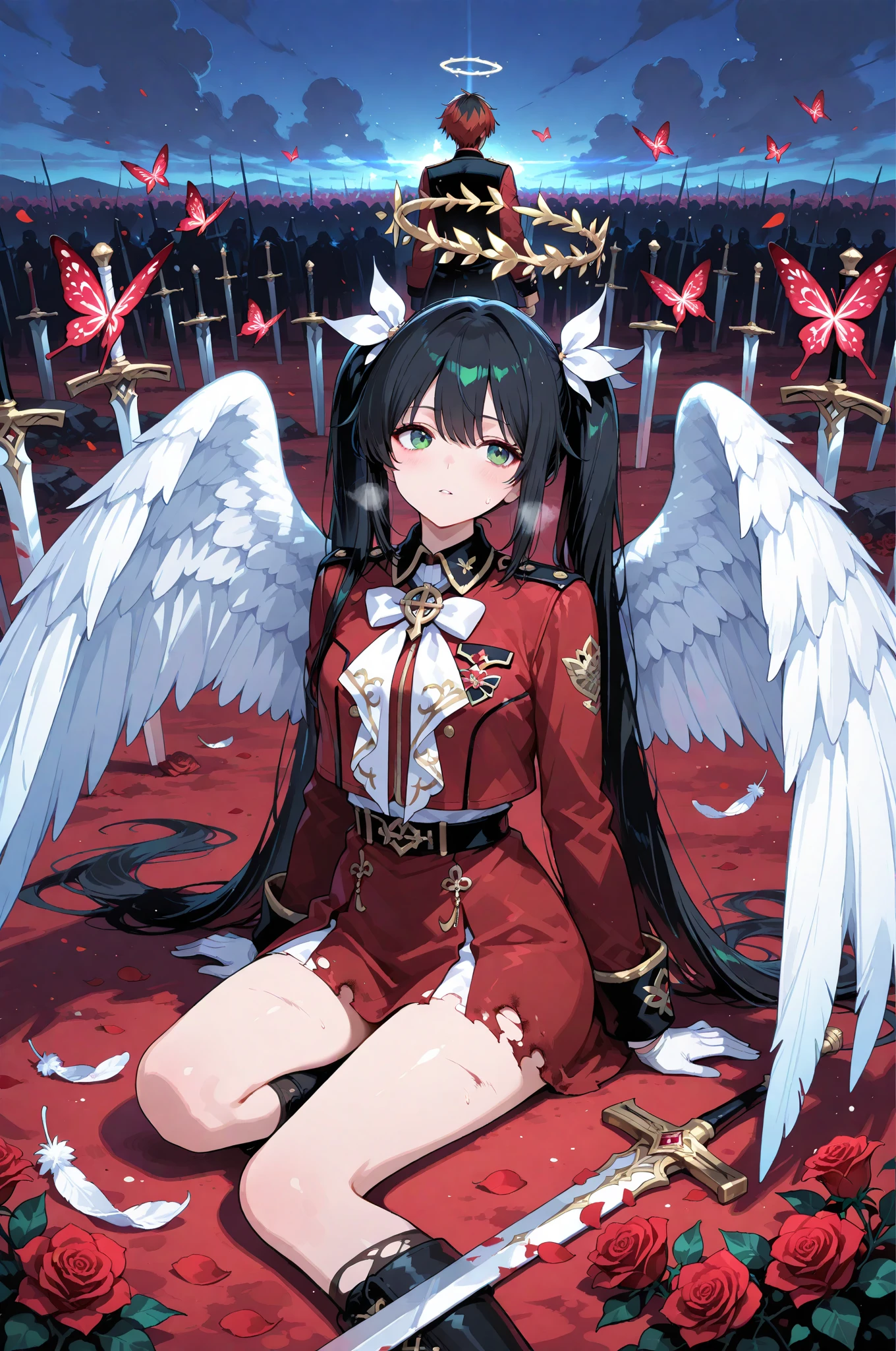 A single girl with long black twin tails adorned with soft red butterfly ribbons, sitting relaxed on the ground of a battlefield, her sword resting casually at her side. She wears a striking red rose-themed military uniform, the fabric detailed with subtle floral patterns. Her green eyes gaze upward as she takes a deep breath, surrounded by scattered red roses that contrast against the dim, moody air of the war-torn scene. Behind her, the Rose Angel emerges—large, ethereal angel wings unfurl majestically, their feathers shimmering faintly with a divine glow. Roses swirl and bloom in the air behind her, cascading down like a floral halo. The background is a simple, stark white, making the character and her angelic rose motif stand out vividly.


