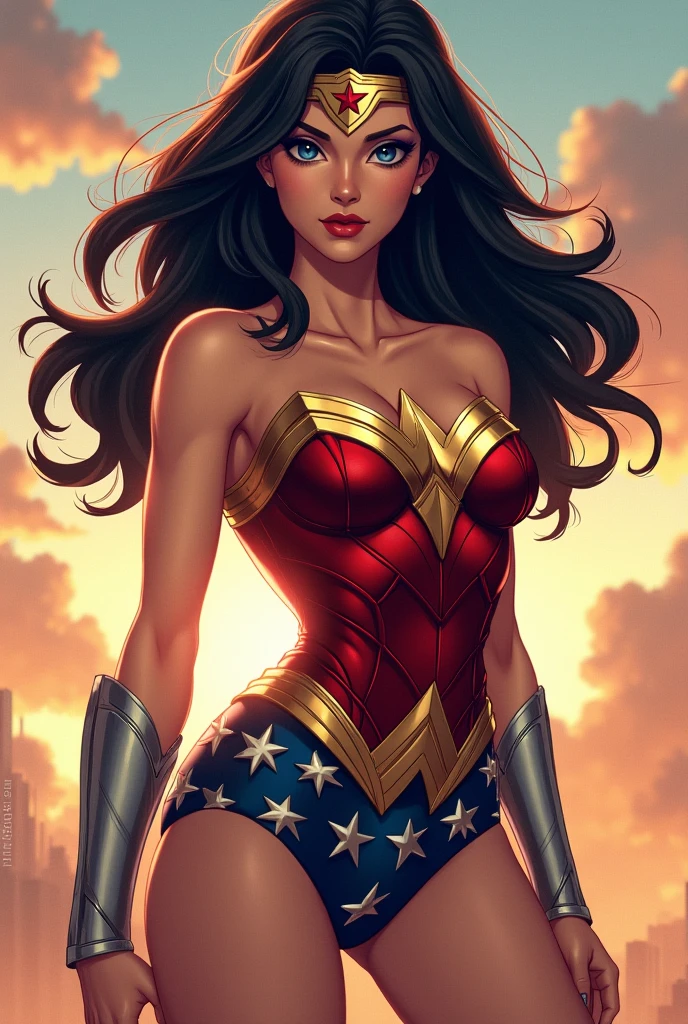 Natural Beauty, Masterpiece, Hailee Steinfeld, Perfectly Accurate Face Proportion, Thick Eyebrows, Wonder Woman, Wonder Woman Tiara, Big Breast, Curve Wide Hips, Toned Thighs, Toned Arms, Sheild in her hand, levitating , landing on a rooftop looking over the night city, Grin On Her Face