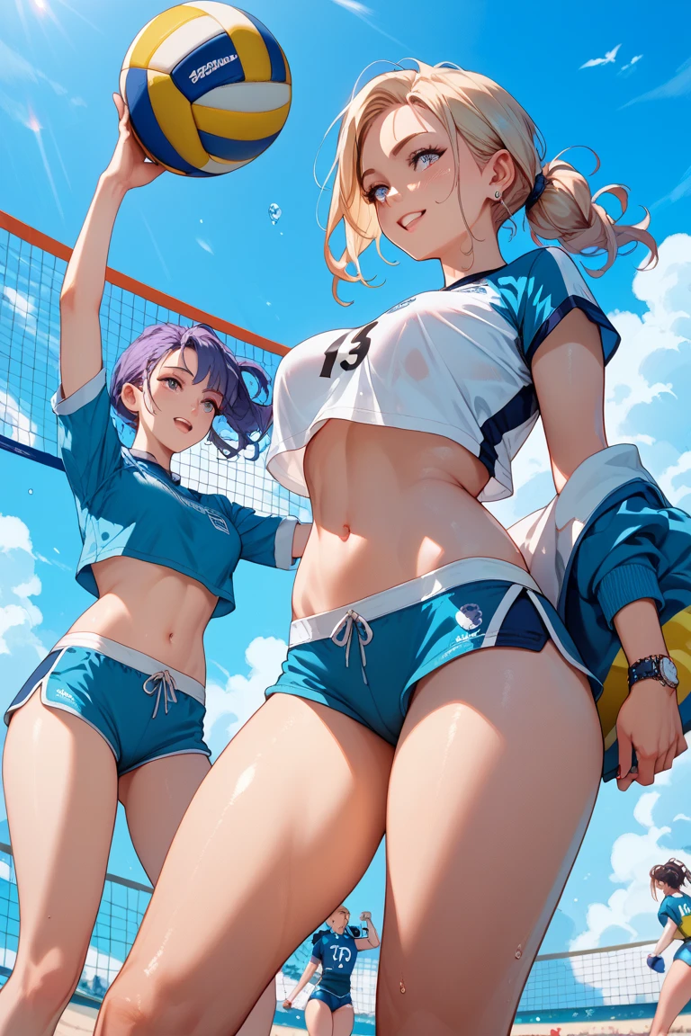 best quality, detailed girl, glaring,serious face,fighter,small breasts,pointy breasts,pink braided short hair,old glasses, (volleyball uniform), lift bra,((((no bra)))),show off spats, lift skart,(long spats),flom gym,perfect anatomy,perfect hands,(shiny skin),back views
