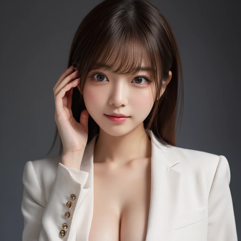table top, highest quality, figure, super detailed, finely, High resolution, 8k wallpaper, Perfect dynamic composition, beautiful and fine eyes, natural lip,blazer ,, cleavage, whole body