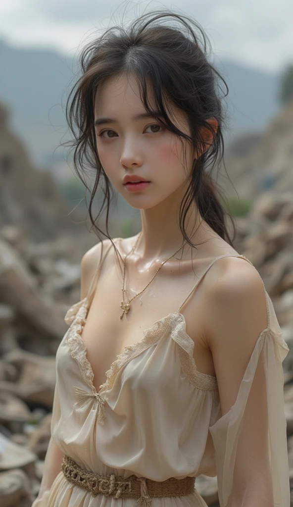 (Best Quality, Masterpiece:1.4), (Realism:1.2), (Realisitc:1.2), (Absurdres:1.2), (photorealistic:1.3), 1 girl,Realistic Skin,Solo,( Very Big Eyes,beautiful detailed eyes, symmetric eyes,), 1girl,white dress, <lora:mdxk:0.75>, (rubble_ruins, cowboy shot, small breasts, facing viewer, )