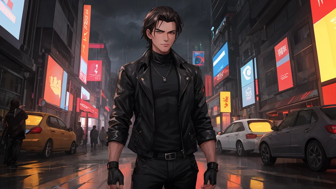 (absurdes, ah high, ultra detialed), ciberpunk, 1人, tmasterpiece, Mature man, big, beste-Qualit, extra high resolution, nightfall, urban landscape, Depth of field, tall muscular guy, ((gray eyes)) , Long black hair, forehead, angular jaw, thick neck, wide shoulders, Stern face, strict street cyberpunk clothing, Single man, (beard), ciberpunk, to the waist, gaze at the viewer
