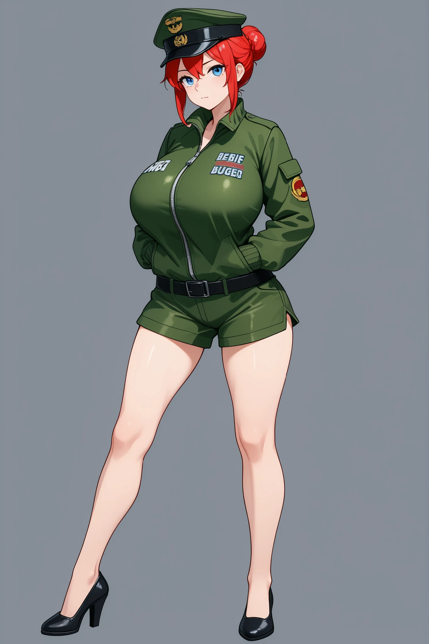 lady ,glamorous,nsfw,full body,nude leg,A person wearing a zipped-up jacket,nude legs,left leg put on belt,general,blue eyes,slant eyes,red hair color,hair bun、美脚、leg cover swim suits,制服、put on military cap,green jacket,twenty age,tall,being majestic,rigid,huge breasts,simple background,