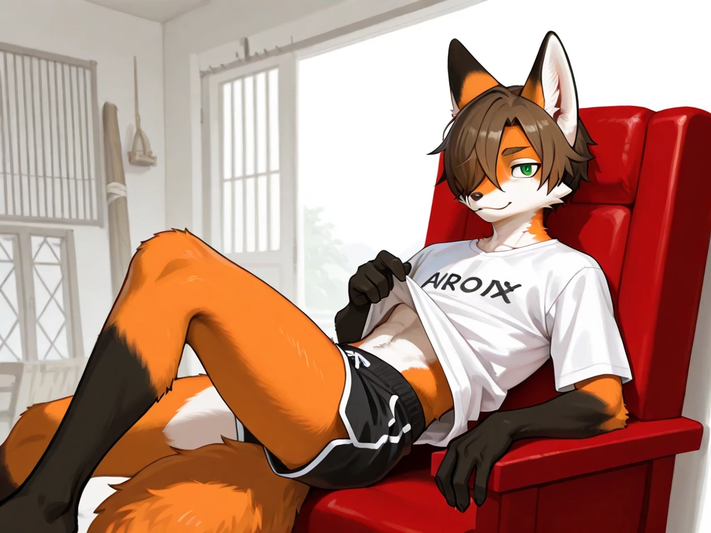 (masterpiece:1.2, best quality:1.2, 2D:1.2, sharp:1.2), (hotify), perfect anatomy, perfect eyes, perfect background, (solo, 1girl, full body shot), furry, protogen, (protogen face:1.1), (protogen visor:1.1), grey fur, white black and red elements on fur, multiple ears, four eyes, 8ft tall, paws, (night_environment), (apartment), (soft room lighting), nsfw, sitting, bulge in pants, legs spread, , croptop, femboy