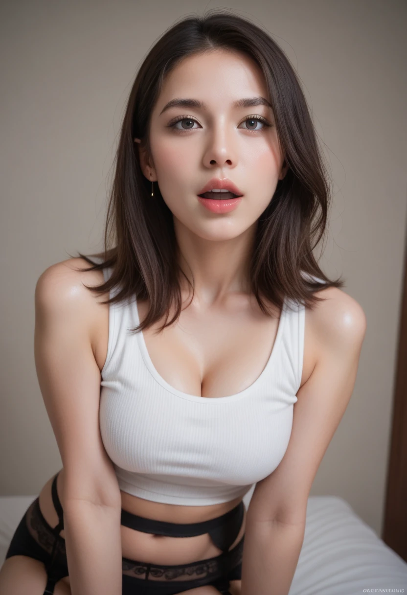 A hot woman, long legs, short hair, braless, plump body, fake breasts, ((casual white tight shirt with rounded-neck short-sleeve), (ripped skinny jeans)), high heels, stilettos, detailed eyes, detailed face, front view, (night at the central park, dynamic angle, dynamic lighting). Seductive look, sexy pose