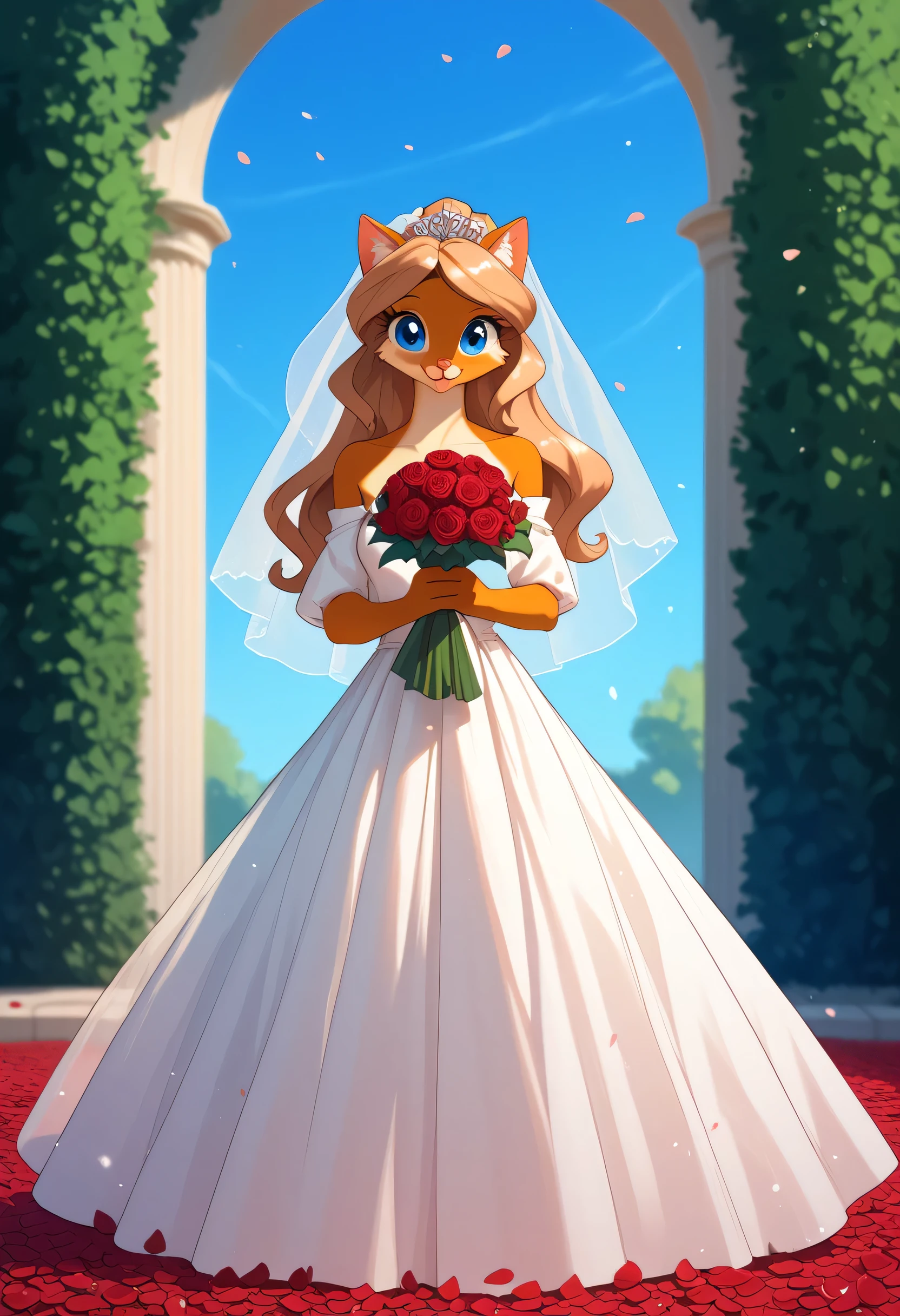 Shattered blooms, soft-focus glow, cute anthro cat girl with long blond hair and blue eyes, light colored fur, medium breasts, skinny, wearing long loose flowing robes, wedding veil, sheer robes, holding a bouquet of roses, outside in a rose garden, rose petals falling, happy