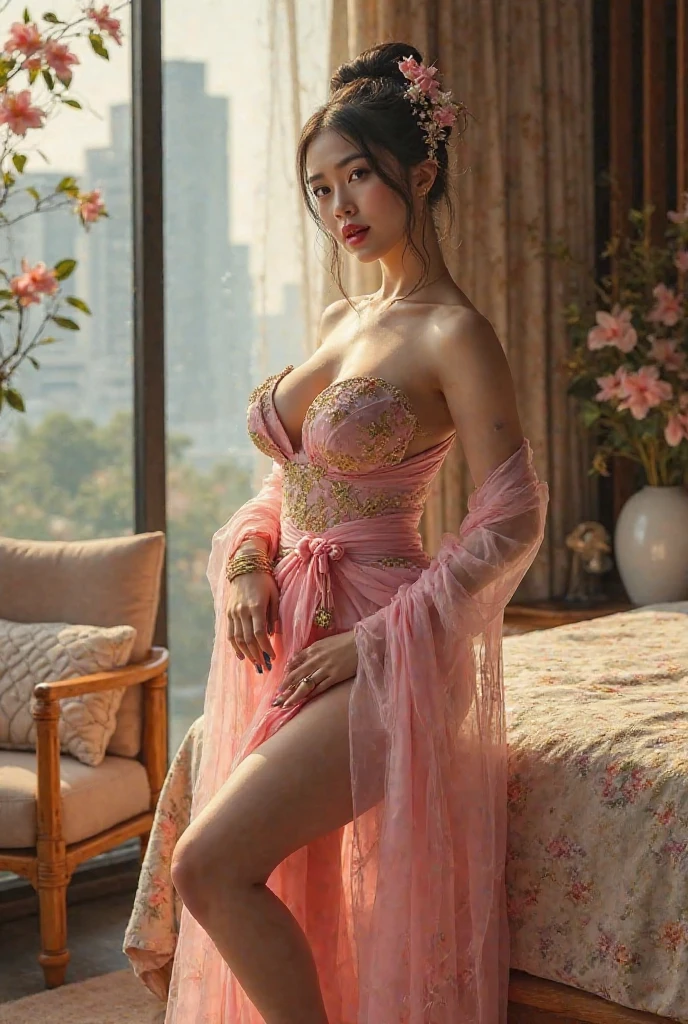 one girl tied up by another one,(bright lighting,romantic setting),dreamy background,bondage,dark hair, mesmerizing gaze, , soft skin, alluring beauty, artistic portrait, high-quality image, vibrant colors, long silk gown, in the bed, mosquito net