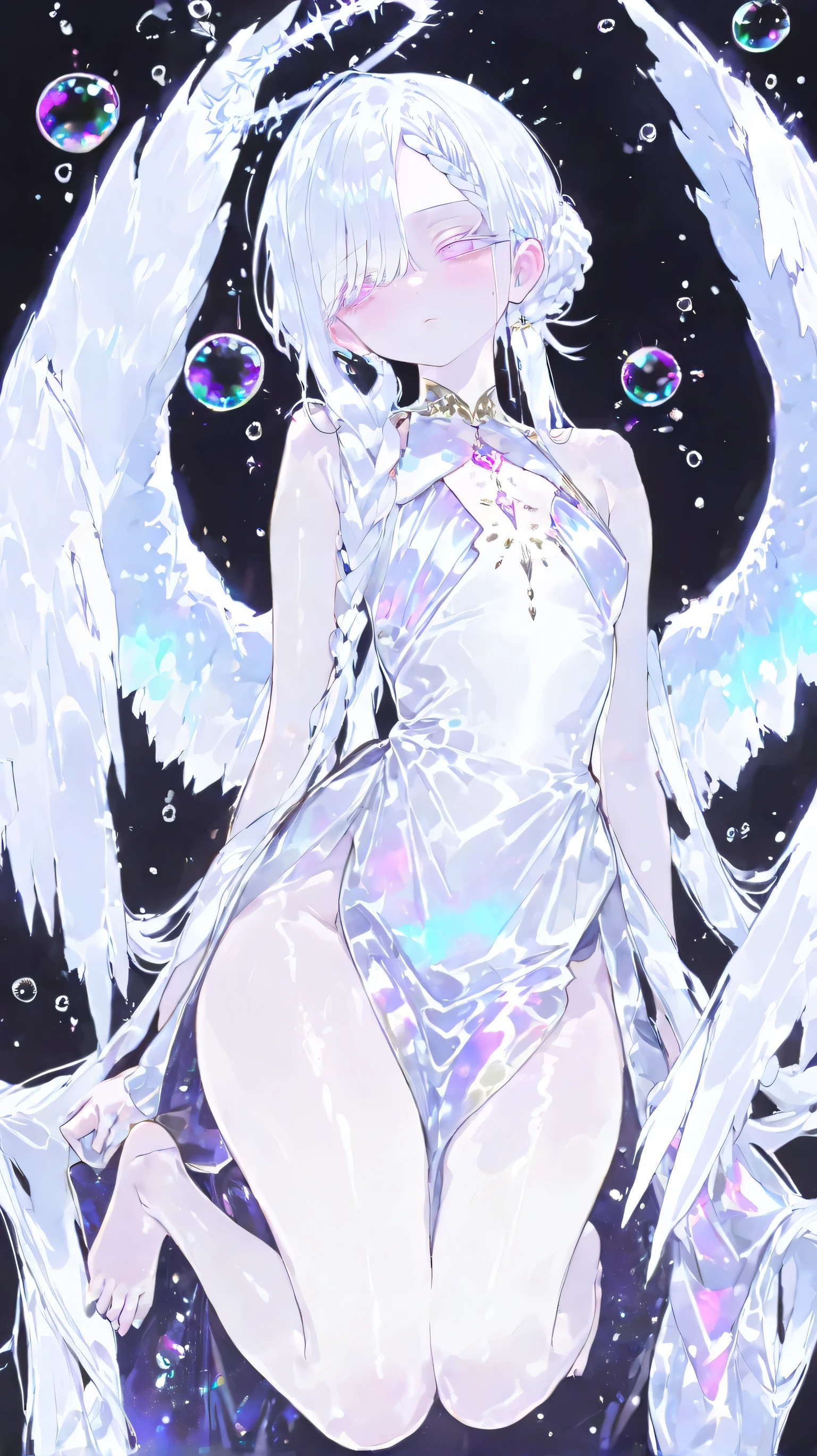 ( masterpiece, best quality:1.3), amazing quality, is very beautiful, abstruse, high resolution, newest, HDR, 8,000, movie lighting, realistic, close up, 1 Girl, Pinkish white halo, angel wings, feather, Gojo Satoru, Curse Return, Colored eyelashes, Light pink eyes, White hair, Very Detailed Face, Braided Bangs, Braided Bun, double layer bread, (White hair), , White hair, very long low double ponytail,twist braid,Hair on the right eye , expressionless eyes, big , (Petite but curvy), Very cute, beautiful, shy, (pale:0.91), Alternate clothing, Jewelry, white goddess dress, barefoot, alone, Slightly Flattened Lips, (((Bubbles))), glowing Bubbles, Chromatic Aberration, Very cute, Vivid Colors, pastel color palette , black background