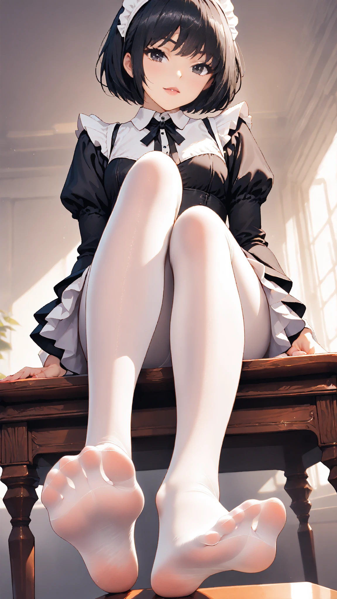 masterpiece, Highest quality, High resolution,  \(style\),、Sweating all over the body、vapor、Anguished expression、maid、stockings、sit、Her legs are crossed、Displeased、Blonde、curl、pants、Hold in mouth、Cock blowjob