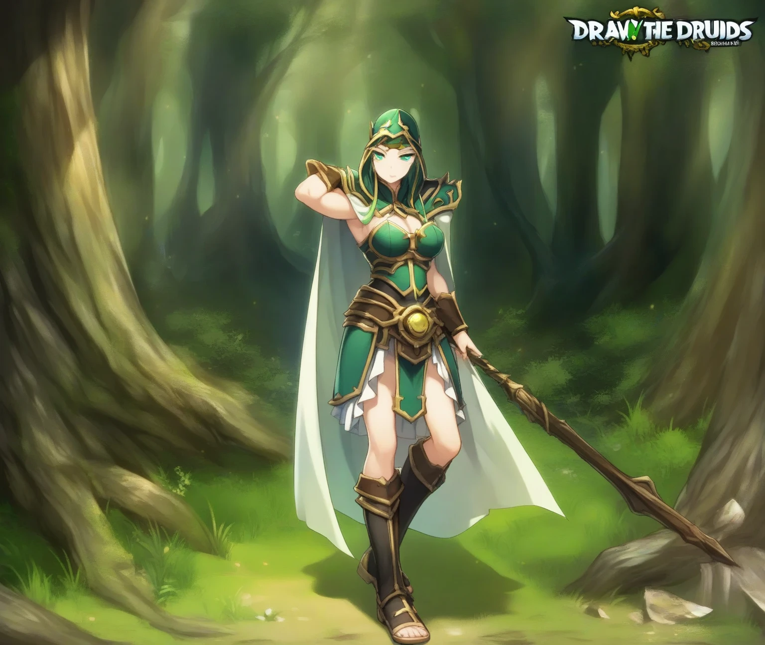 draw three druids standing in the forest in the world of warcraft style