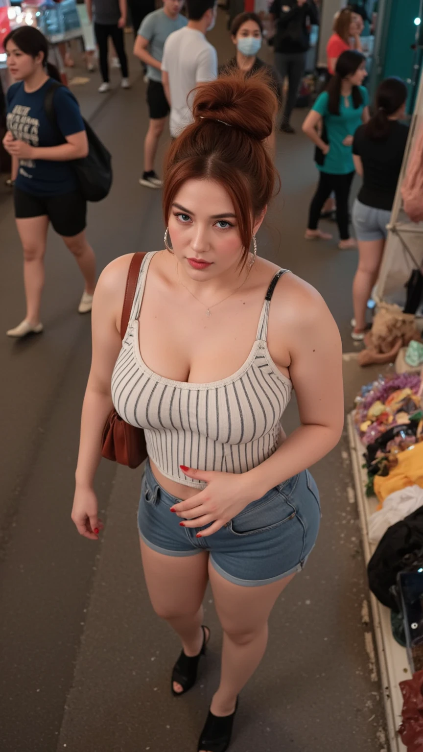 (best quality,4k,8k,highres,masterpiece,brown eyes,pigtail,small tits,real faces,)(full body),side,,wide (cellulite wide hips),wide natural hips.achnes on hips,tattoo on hips,crowded,men watching her,real ,silver anklet feet.bokeh,sharp focus,waiting train station,red bag