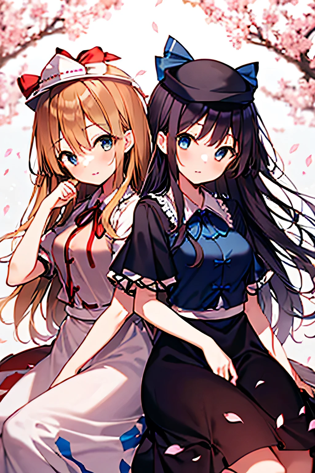 Two girls Lily White (Touhou), blue eyes, long hair, blonde hair, fairy wings, simple background, white hat, hat, white capelet, white dress, red bow tie, red ribbon, hat ribbon & Lily Black (Touhou) blue eyes, black hat, black capelet, black dress, hat ribbon Lily White and Lily Black Characters from the Touhou Project (Touhou) stand back to back in the petals of a cherry blossom in full bloom
