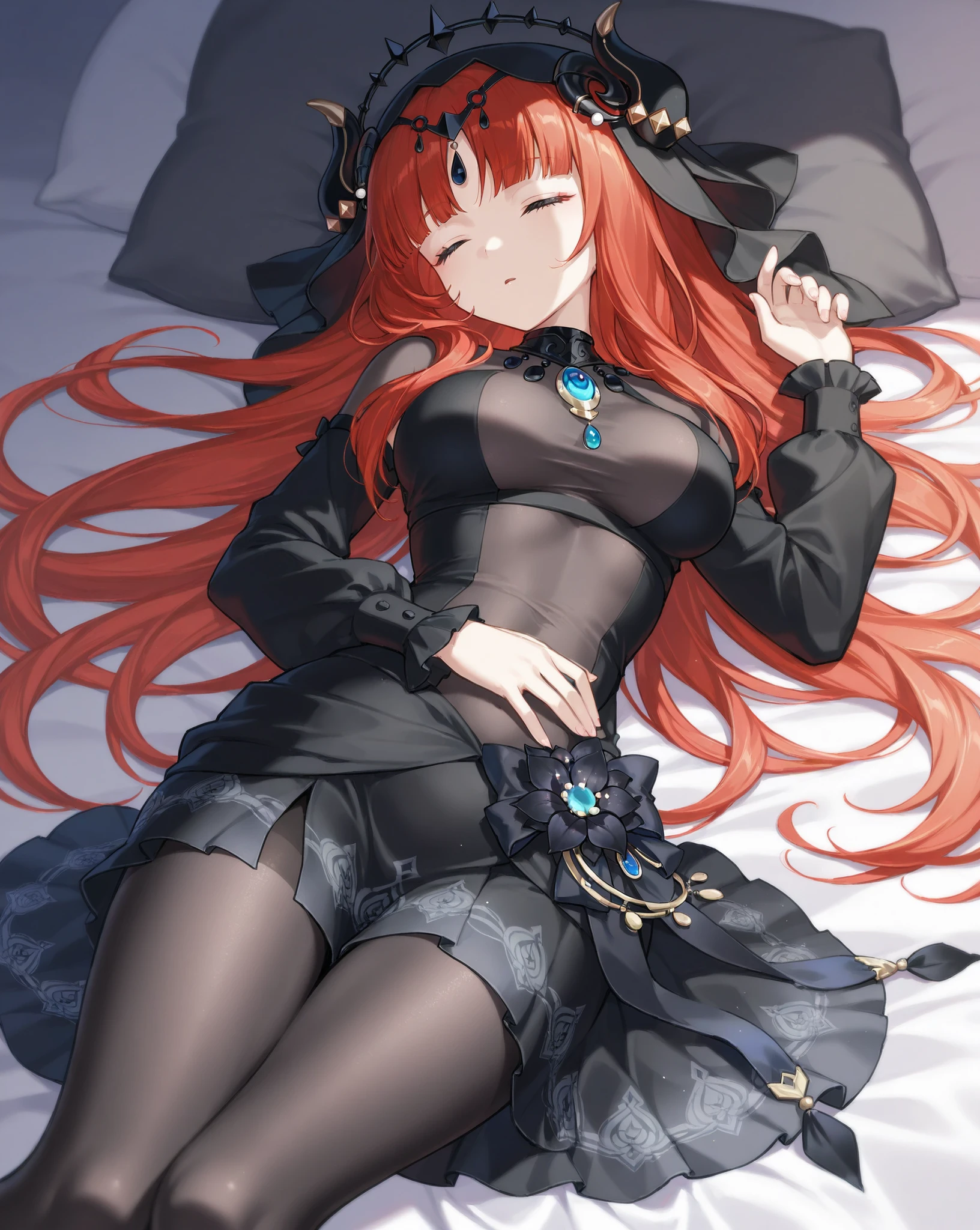 A young woman with waist-length auburn hair, amber eyes, big chest, with fox ears and tail, elegant but casual clothing black skirt and tights, bare shoulders, long sleeves and hanks, medieval tavern scene, lying on a table, camera from his face from above, blushing and drunk look, very messy clothes and two hands of someone else with white sleeves on the table on either side of his head