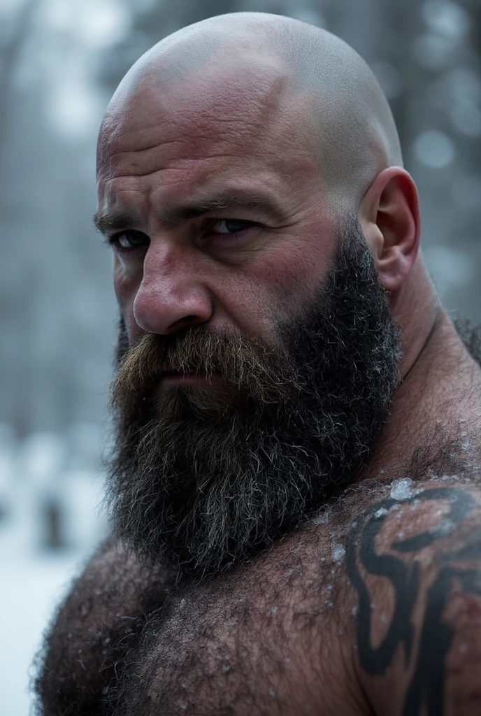 Hyperrealistic Very Realistic 8K Resolution Very Realistic Best Ultra High Definition resolution Very Realistic Photorealistic picture of a realistic bearded hairy Bald Kratos man in the snow, handsome stocky black, man with on, God of War Ragnarok Kratos, strong hairy chest and arms, with very realistic tattoos, very realistic hairy strong chest and arms, very realistic hairy chest, very realistic pecs, very realistic strong legs, in tiny realistic underwear with bulges, very realistic lips, very realistic lip details, very realistic belly, very realistic eyes, very realistic eyes details, very realistic thick chubby neck, very realistic neck lines, very realistic neck details, very realistic face, very realistic face details, 47 year old man, small transparent underwear, bald, very realistic kratos muscle bear beefy buff beefy bear buff beefy big belly thick big beefy big manly bulky muscular bodybuilder muscle bear, very realistic, very realistic photography, very detailed, full body portrait, 8k Resolution, very defined details, cinematic, 8k, epic Steven Spielberg movie still, sharp focus, by pascal blanche rutkowski repin artstation hyperrealism painting concept art of detailed character design matte painting, 8k resolution God of War Ragnarok