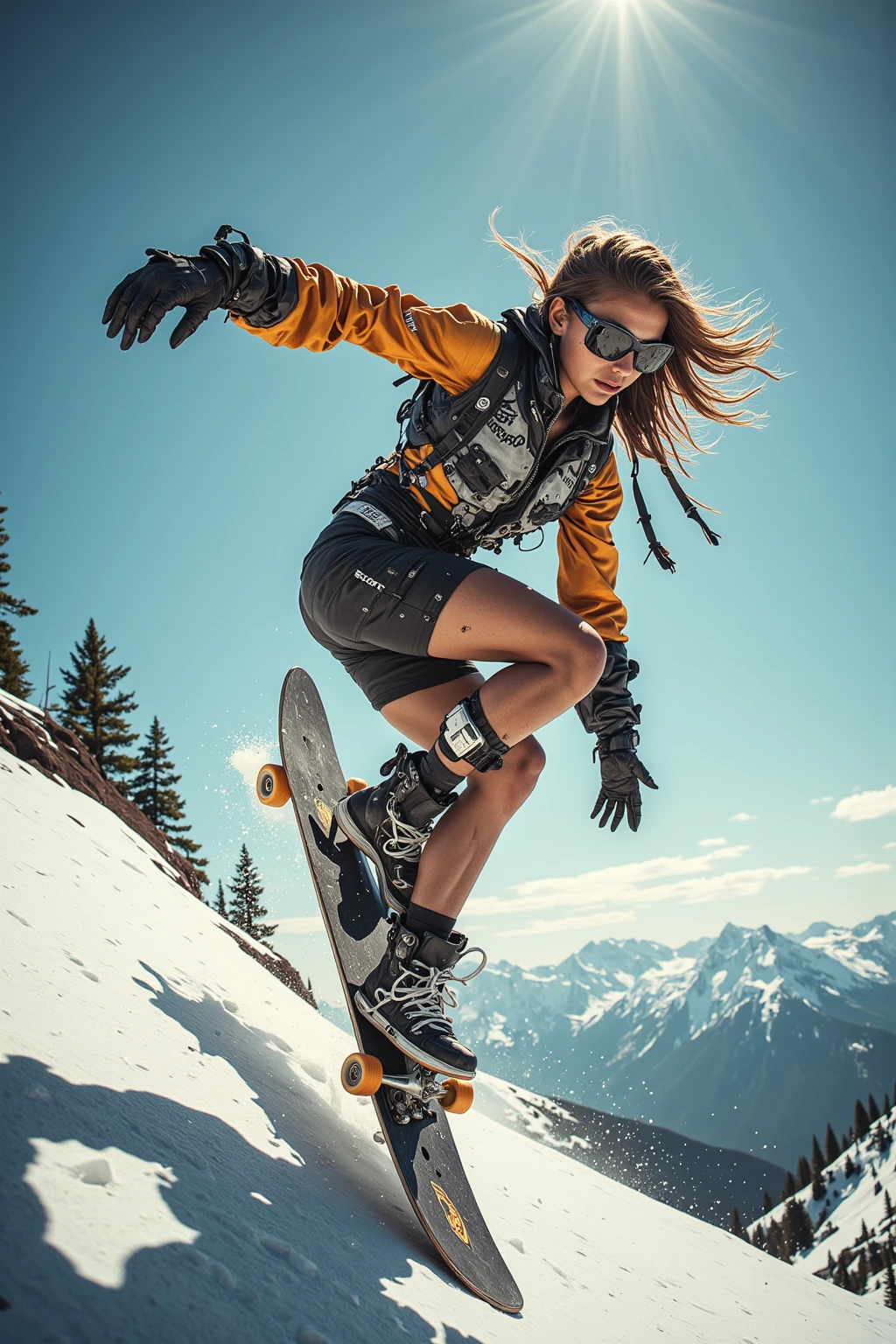 A girl jumping off a helicopter while wearing a swimsuit going to Mount Everest to snow board