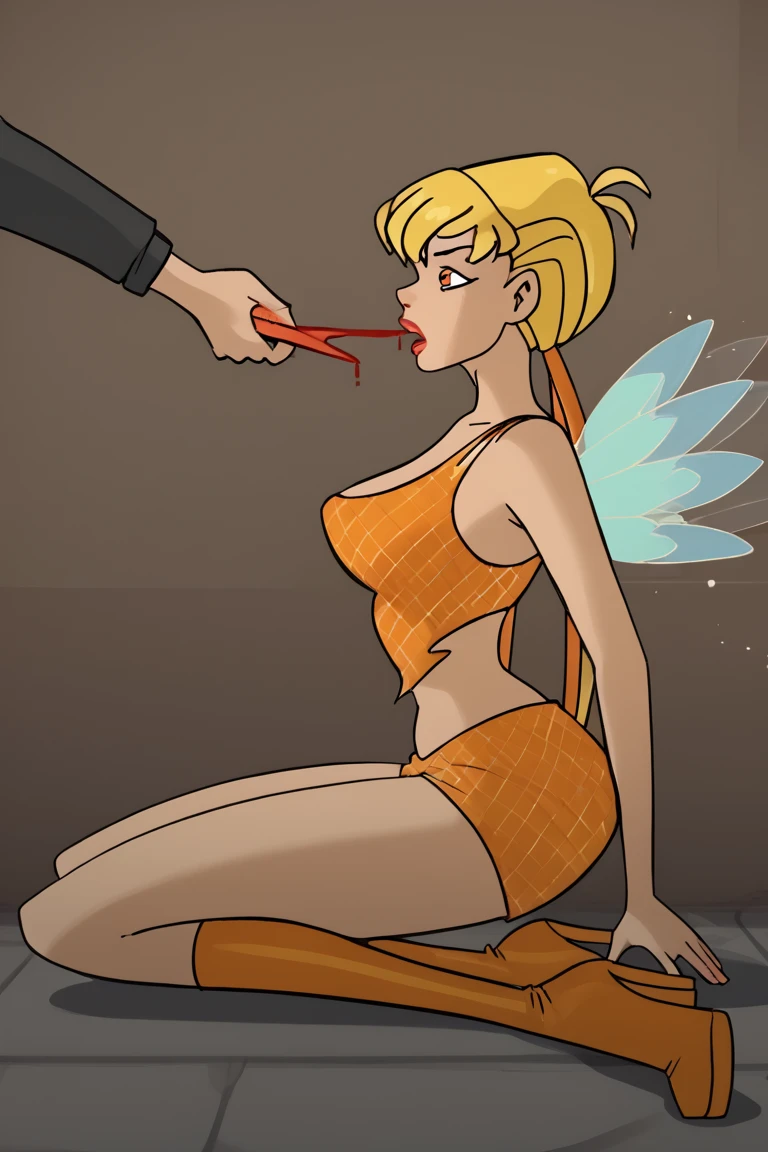 a 3d animation girl titty fucking a penis, jane porter from tarzan, titty fuck, the penis is in between her breasts, penis being squeezed by breasts, on the bed, lying on her back, pain, agony, rapidly smoking cigarettes, the cigarette ash is growing very long, very long cigarette ash, yellow dress, white gloves, mouth wide open, tongue sticking out